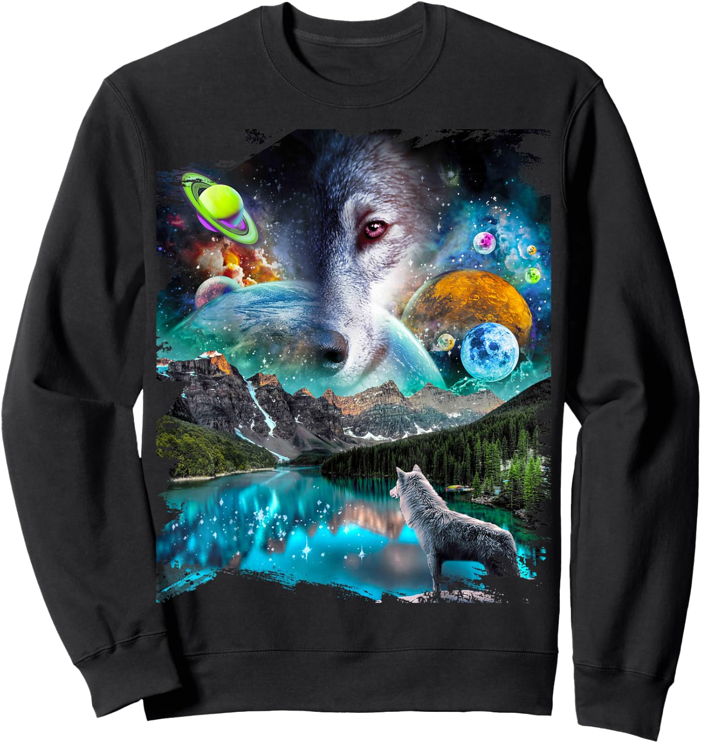 Celestial Cosmic Wolf, Space Planets Wolves Sweatshirt - Sweatshirt | Black