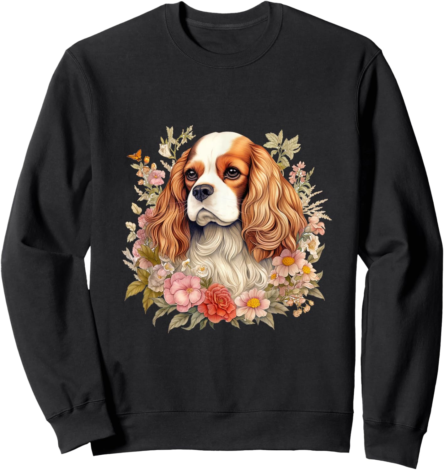 Cavalier King Charles Spaniel Dog with Flowers Floral Sweatshirt - Sweatshirt | Black