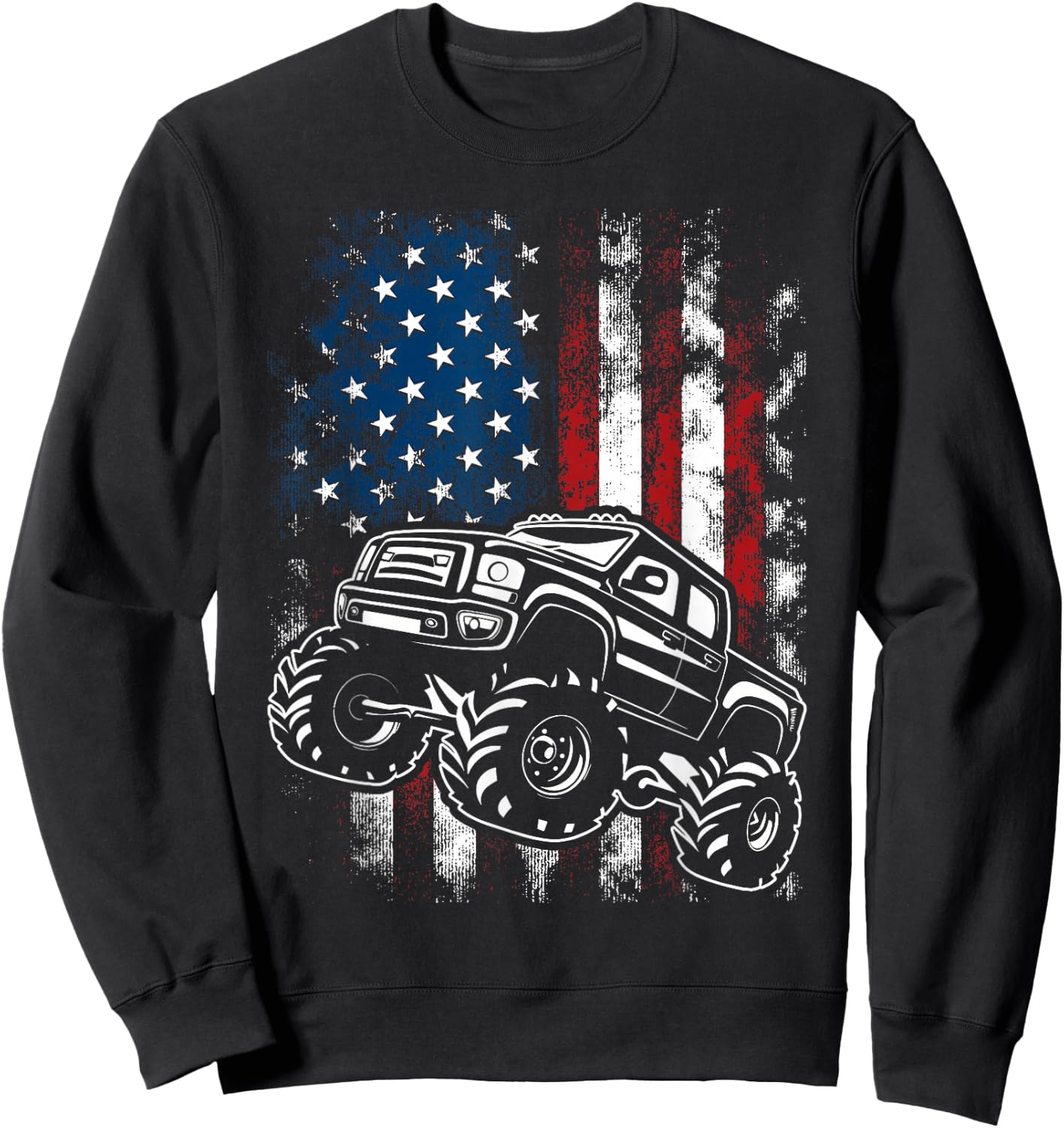 Monster Truck USA Flag 4th Of July Patriotic Kids Boys Men Sweatshirt - Sweatshirt | Black