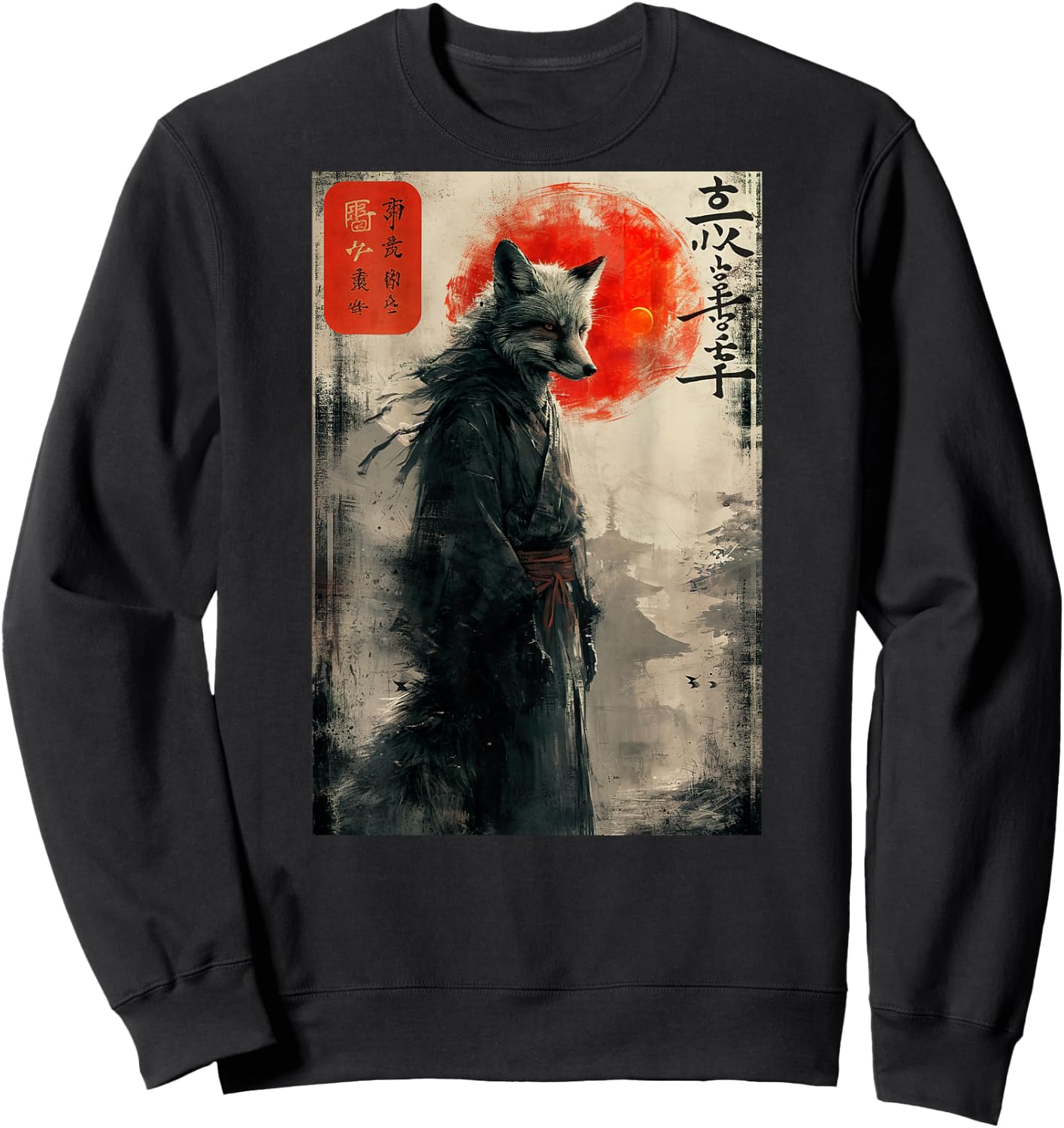 Japanese Woodblock Art of a Samurai Fox with Japanese (Back) Sweatshirt - Sweatshirt | Black