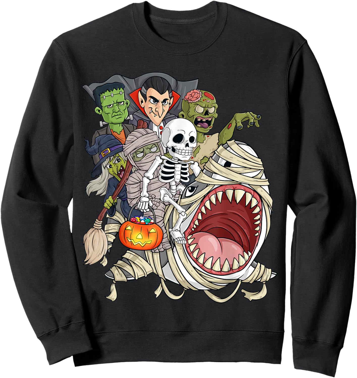 Skeleton Zombie Riding Mummy Shark Funny Halloween Pumpkin Sweatshirt - Sweatshirt | Black