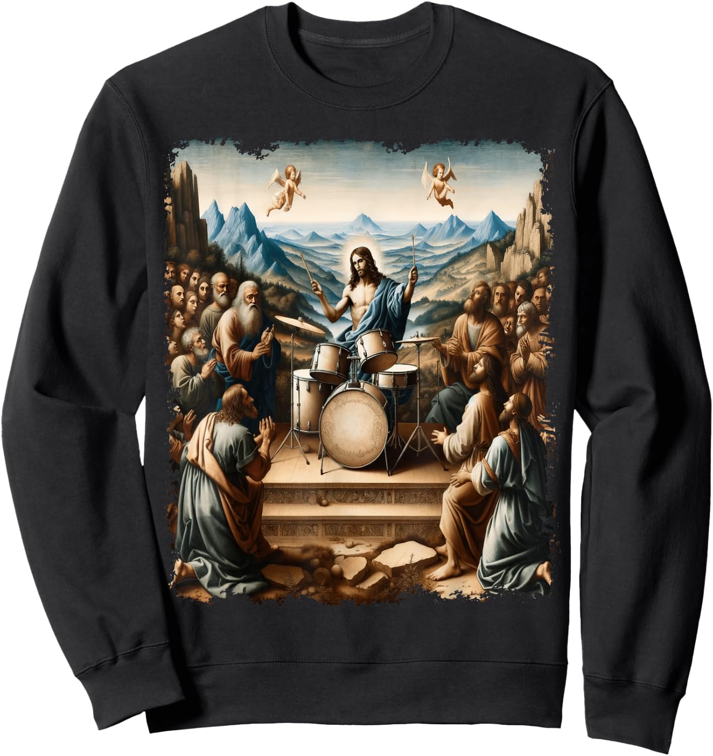 Jesus Playing Drums, Funny Christian Drummer Painting Sweatshirt - Sweatshirt | Black