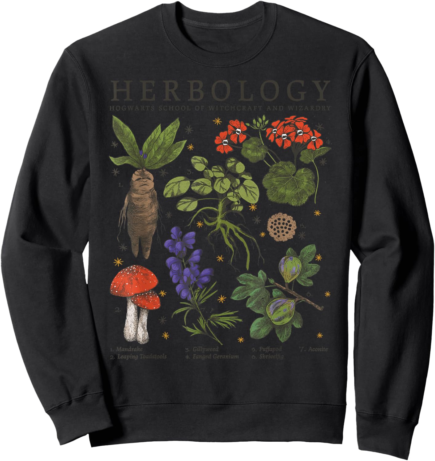 Harry Potter Grey Retro : Classic Fit, Herbology Plants, Adult, Short Sleeve, Cotton & Polyester Sweatshirt - Sweatshirt | Black