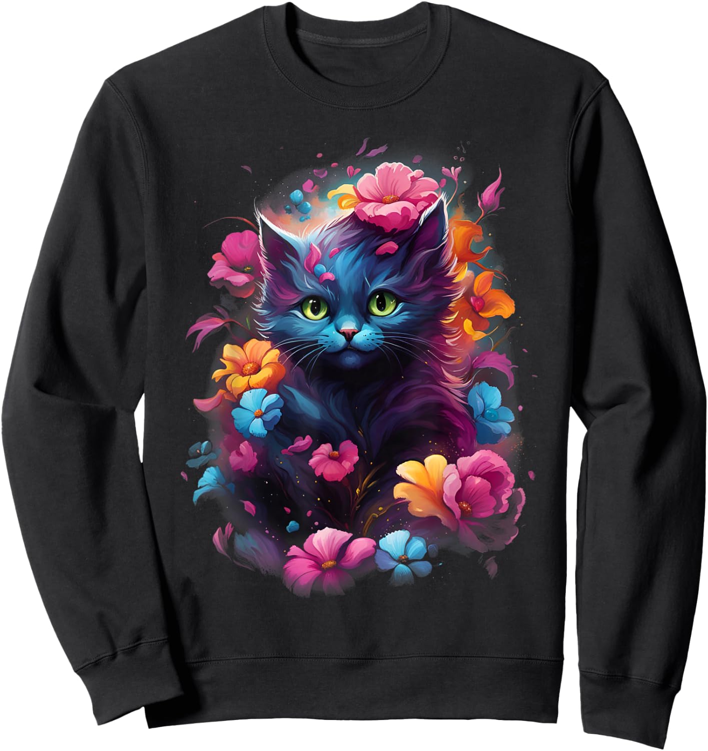 MyAnimal - Cute Cat in Colourful Flowers Sweatshirt - Sweatshirt | Black