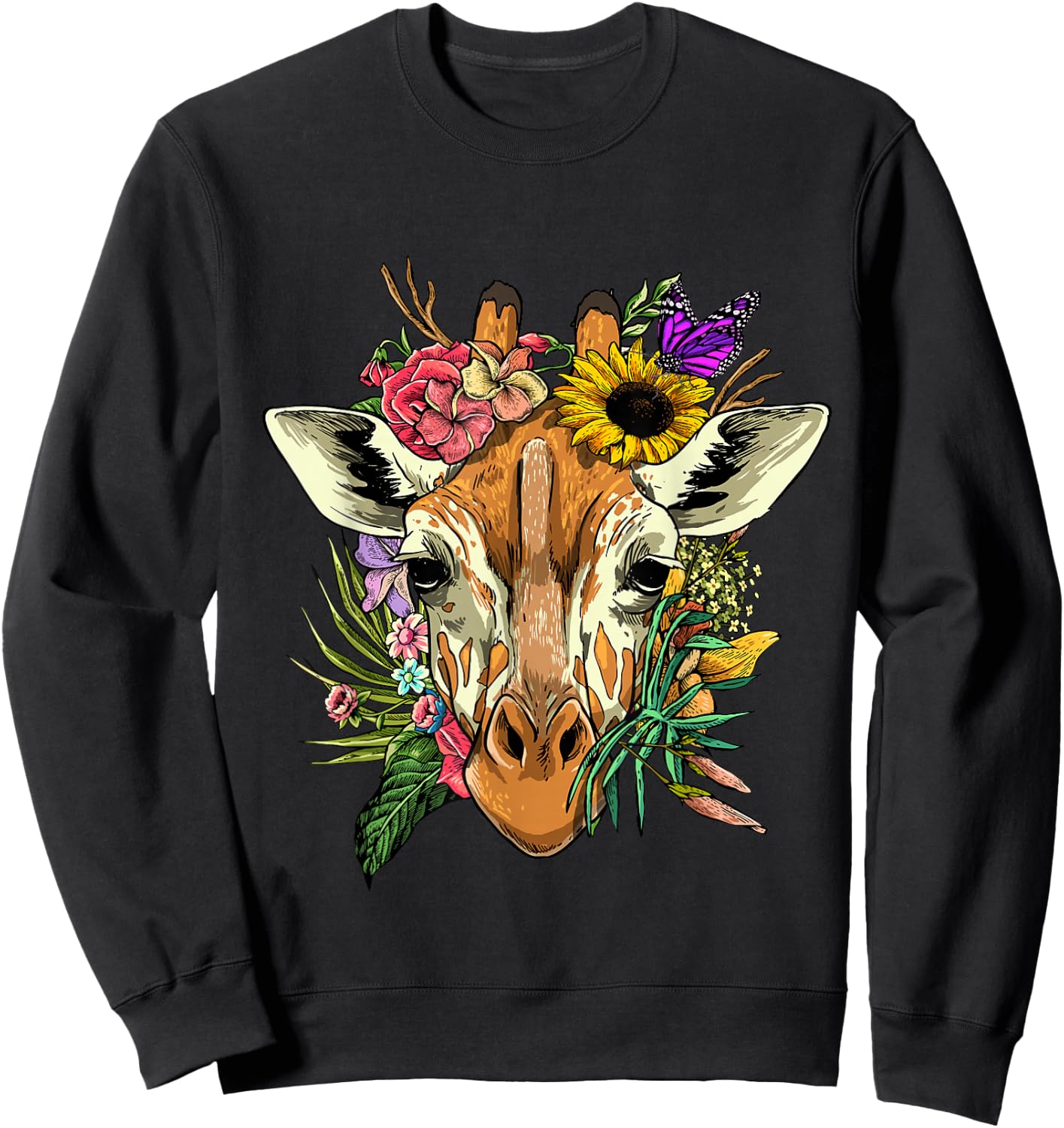 Floral Giraffe Shirt Nature Zoo Animal Face Giraffe Lover Sweatshirt - Sweatshirt | Black