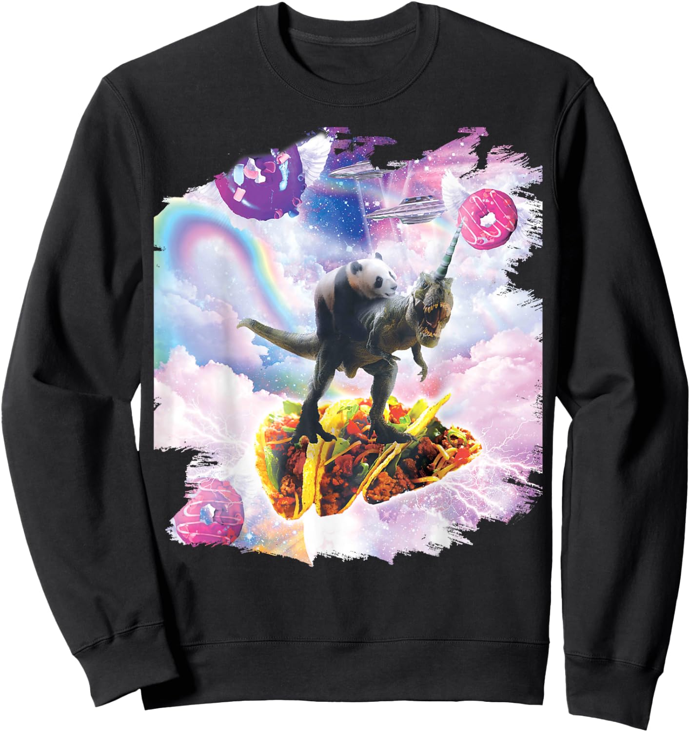 Space Panda Riding Dinosaur Unicorn - Taco & Donut Sweatshirt - Sweatshirt | Black