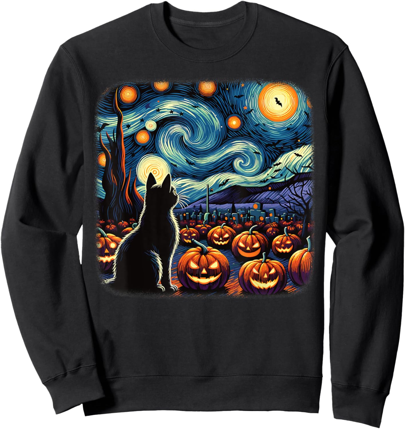 Halloween Black Cat Van Gogh Starry Night Pumpkins Bats Men Women Girls Kids Sweatshirt - Sweatshirt | Black