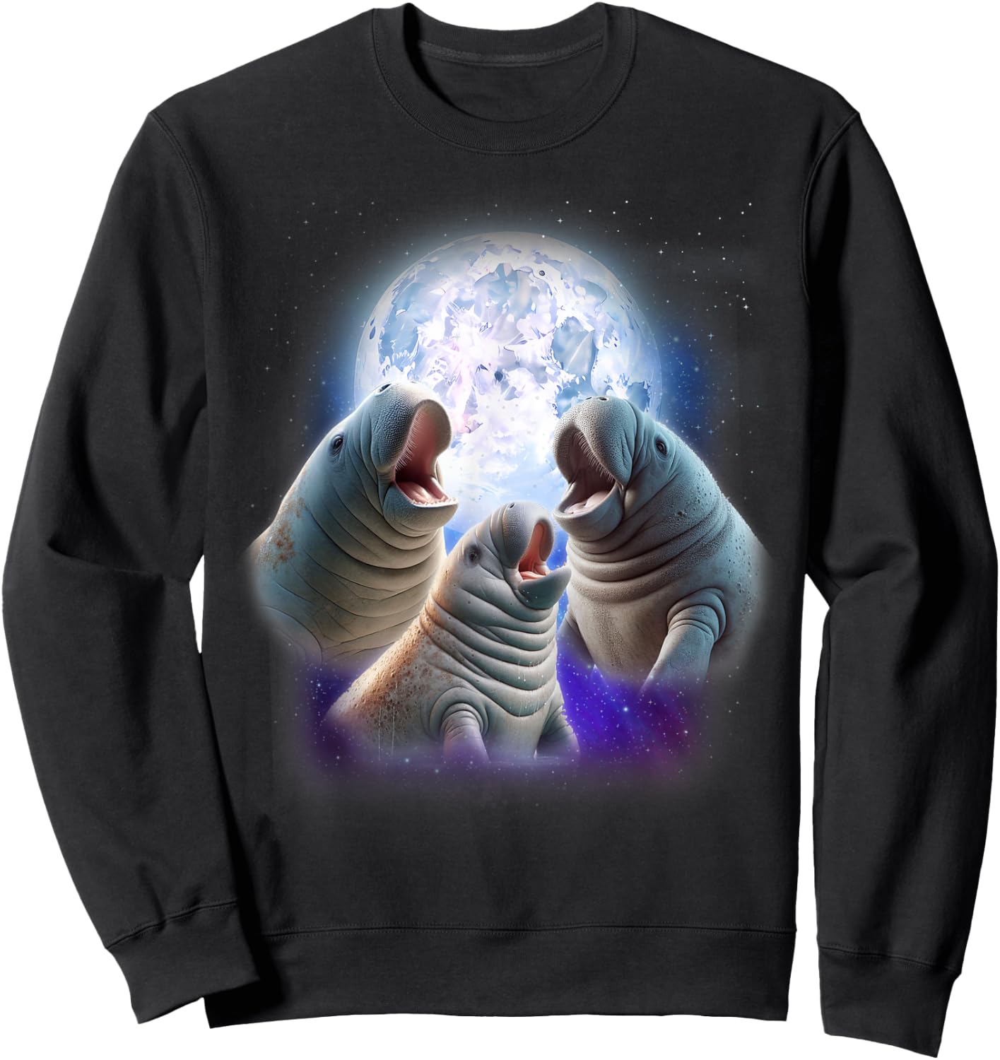 3 Manatees Howling At The Moon Funny Manatee Chubby Mermaid Sweatshirt - Sweatshirt | Black