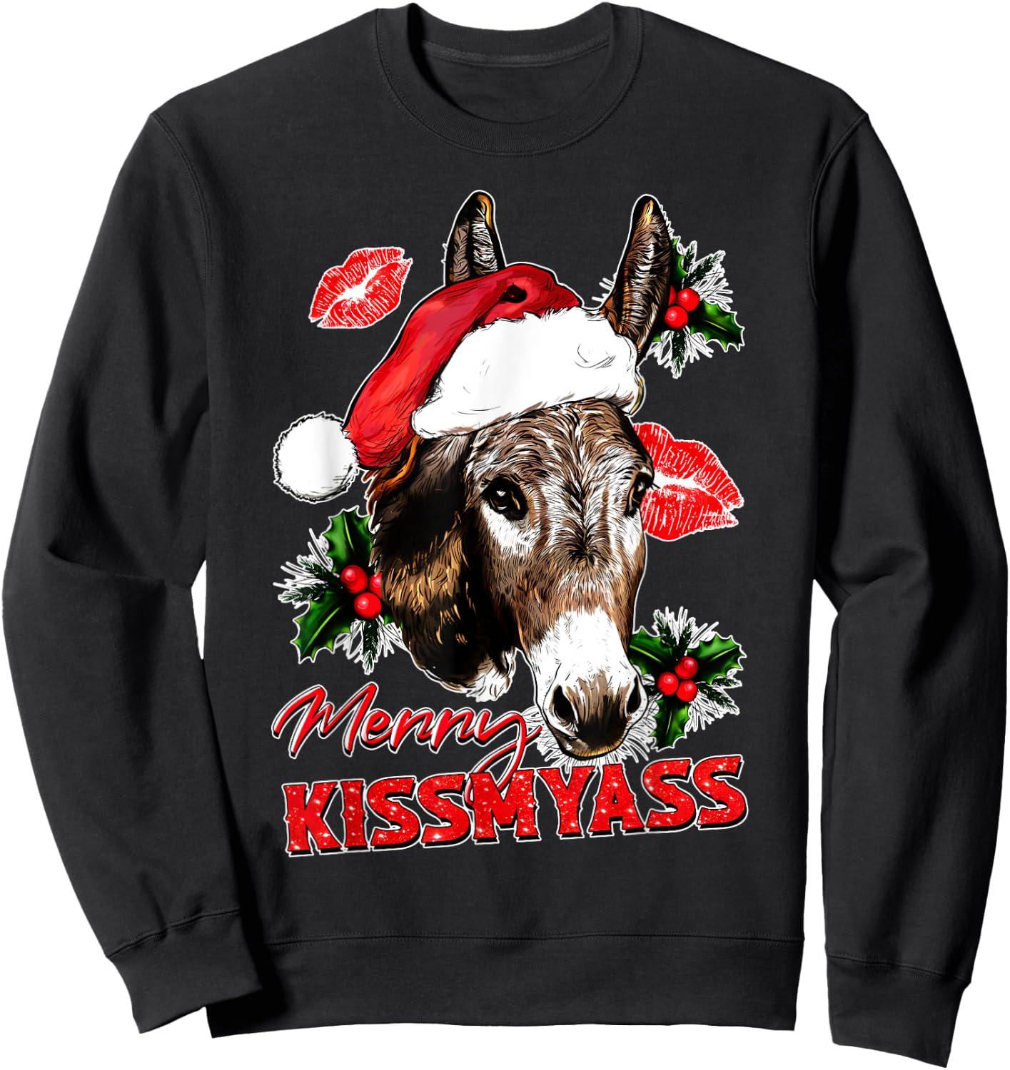 Merry Kissmyass Funny Donkey Lovers Sarcastic Christmas Sweatshirt - Sweatshirt | Black