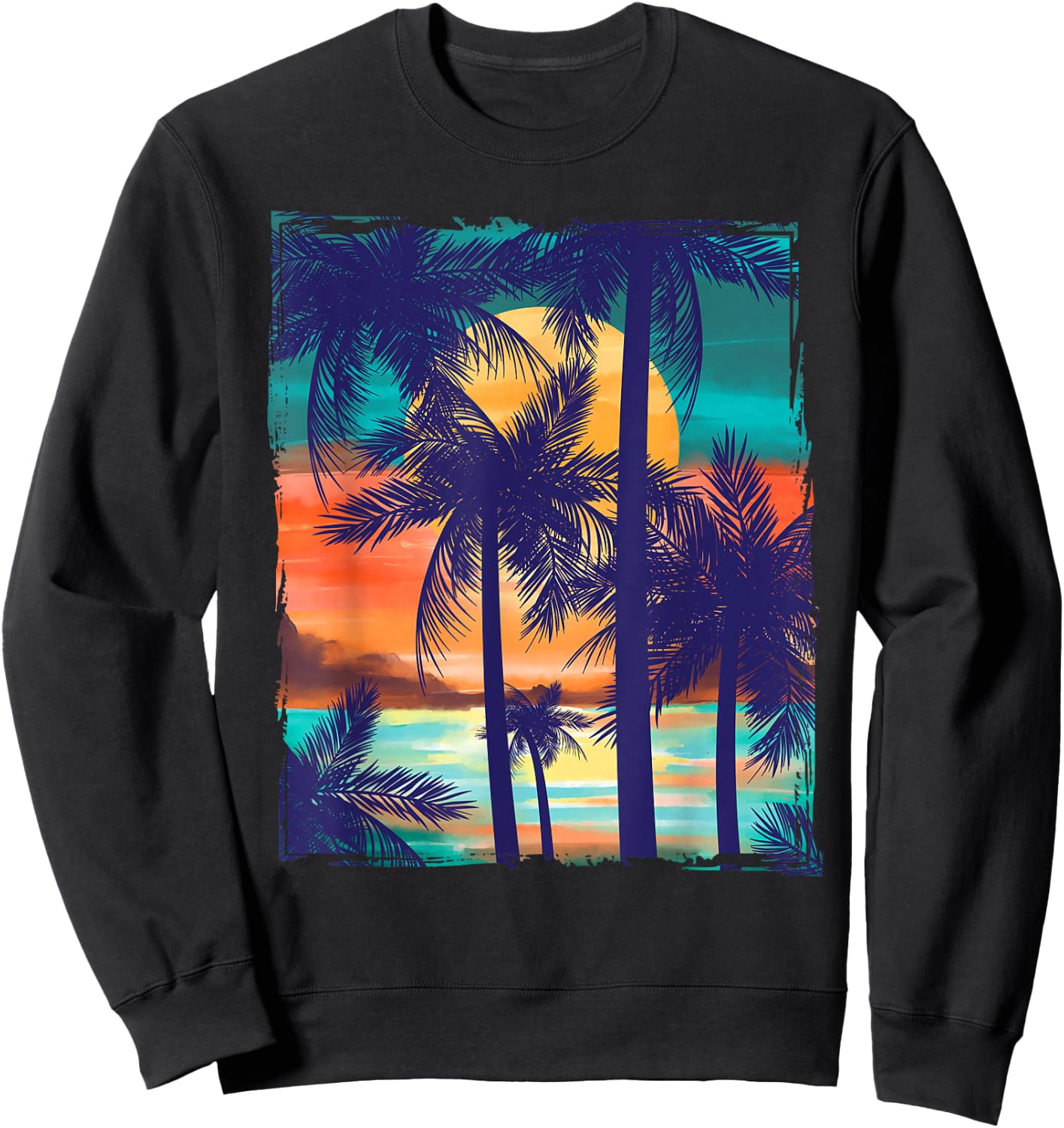Orange and Aqua Sunset with Silhouetted Palm Trees Sweatshirt - Sweatshirt | Black