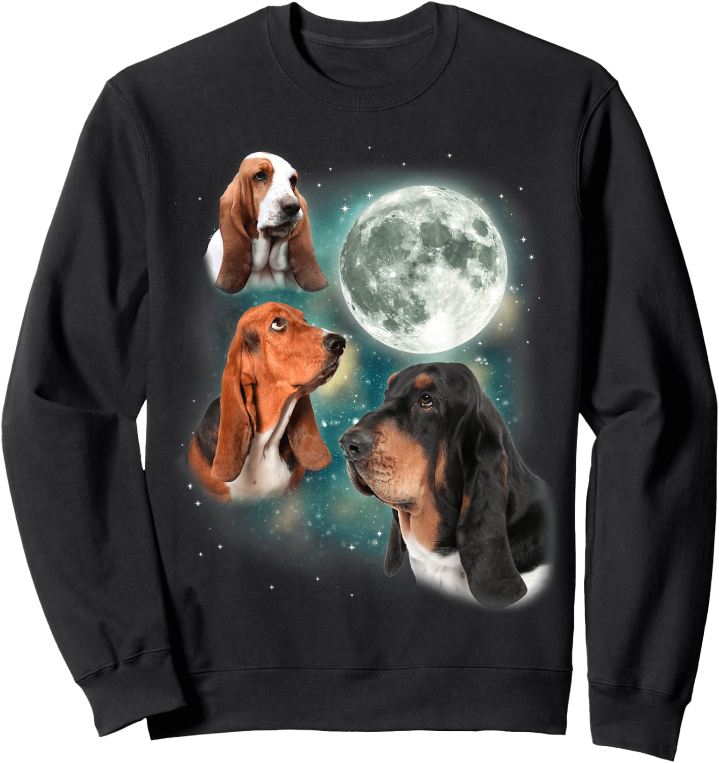 Basset Hound Moon | 3 Funny Canines Howl At Moon Cute Dog Sweatshirt - Sweatshirt | Black