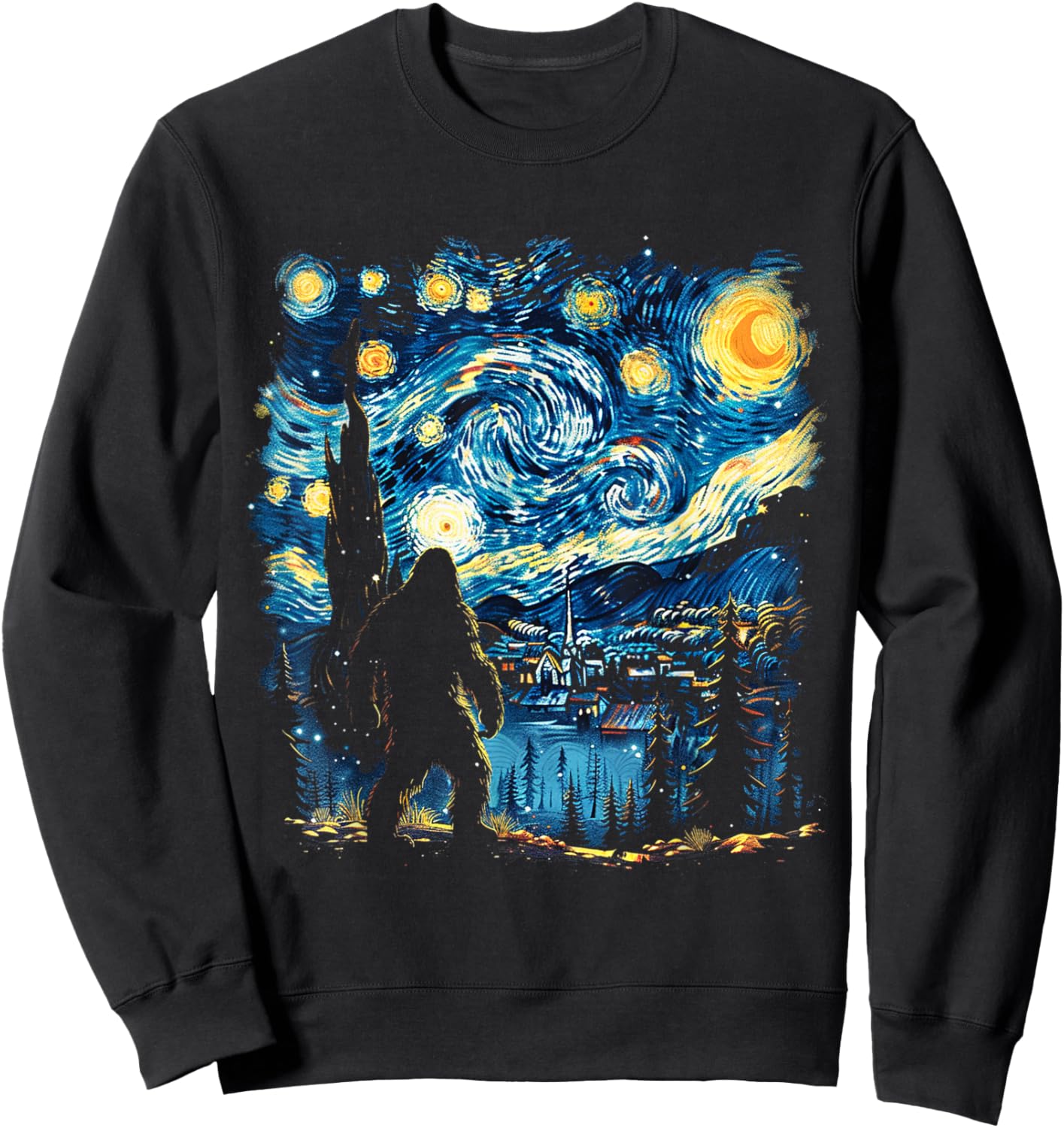 Funny Bigfoot Starry Night Sasquatch Van Gogh Sky Painting Sweatshirt - Sweatshirt | Black