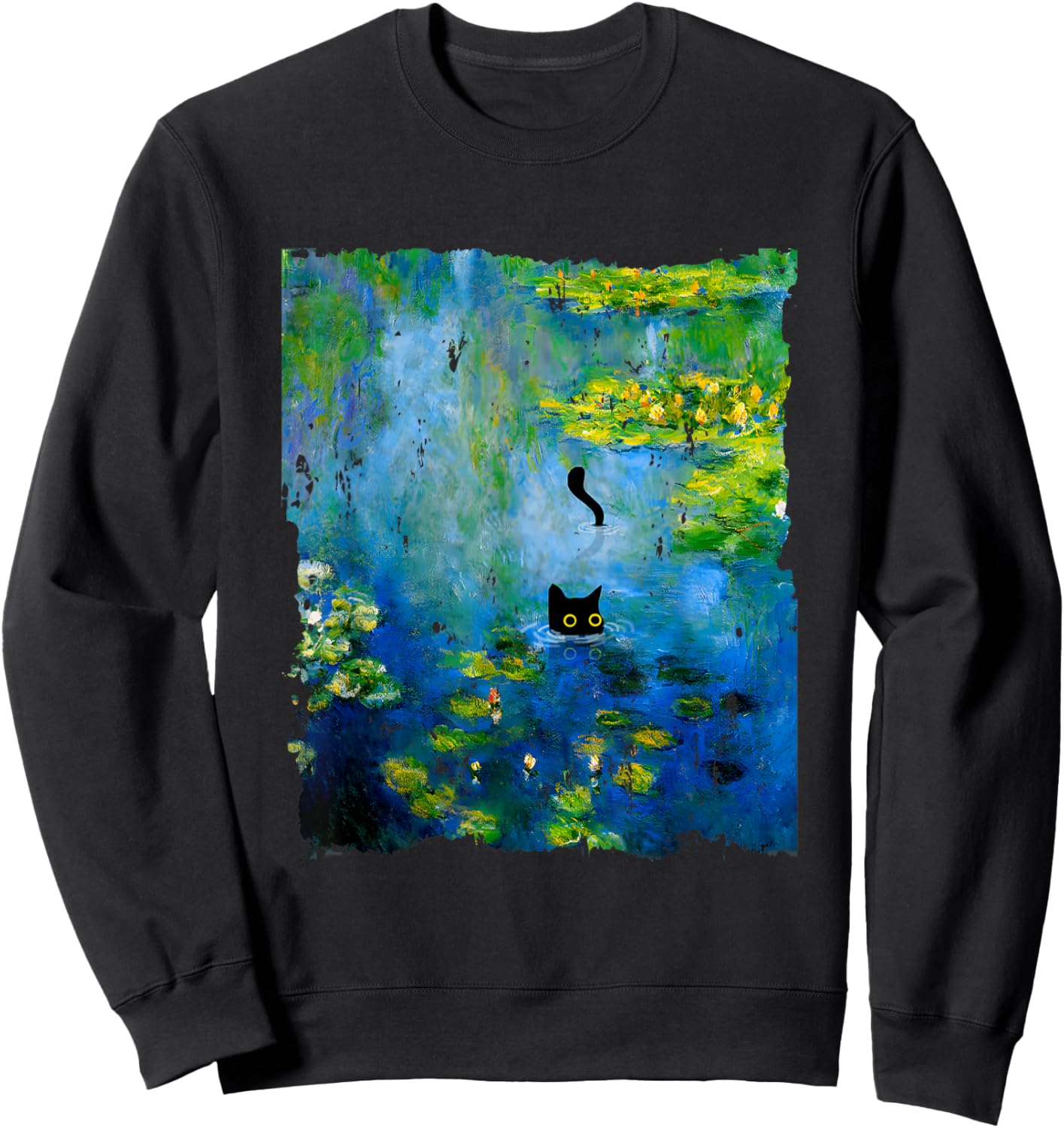 Black Cat Monets Waterlily Painting Art Cat Lover Sweatshirt - Sweatshirt | Black