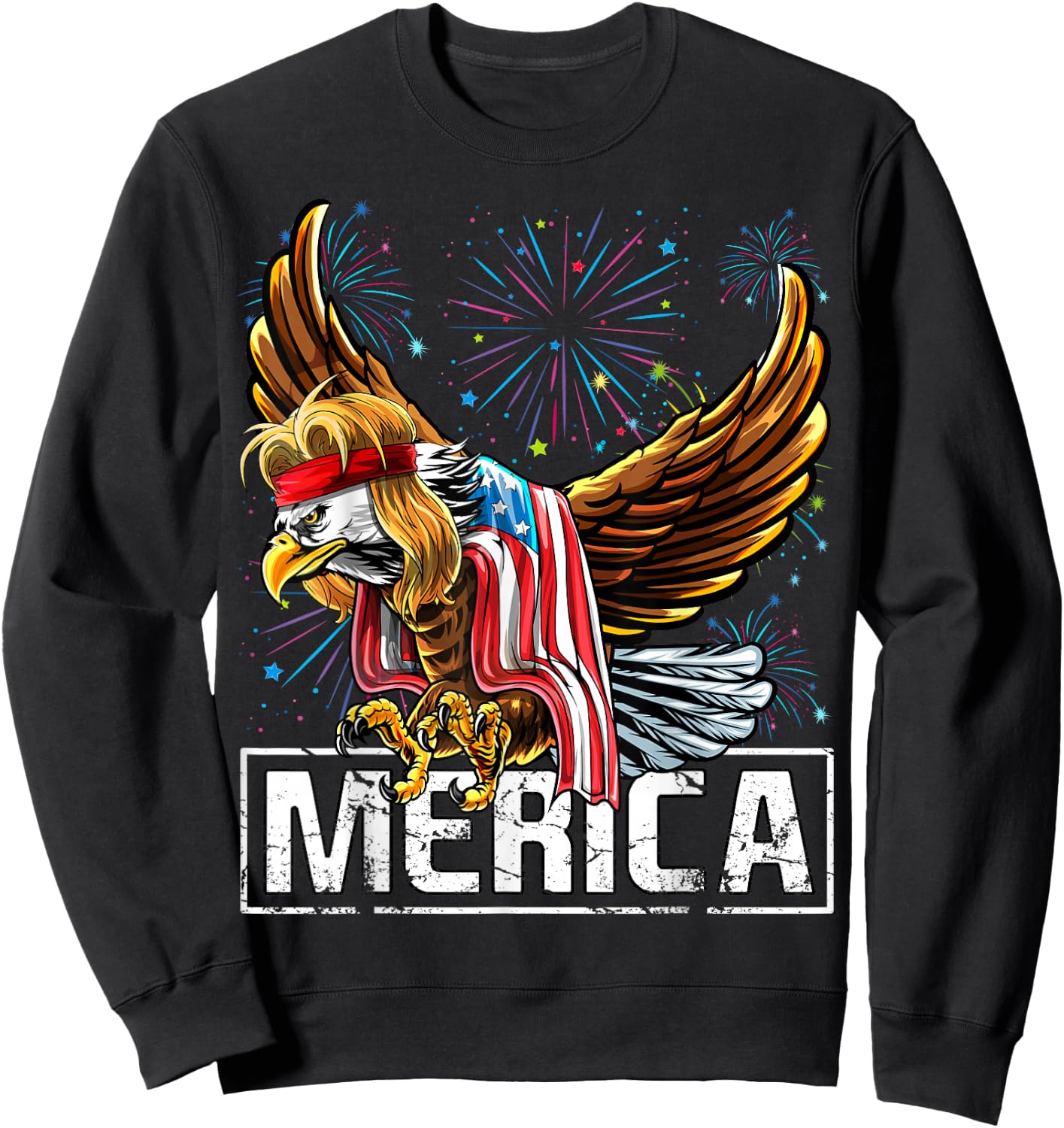 Merica Bald Eagle Mullet 4th of July American Flag Patriotic Women Kids Men Sweatshirt - Sweatshirt | Black