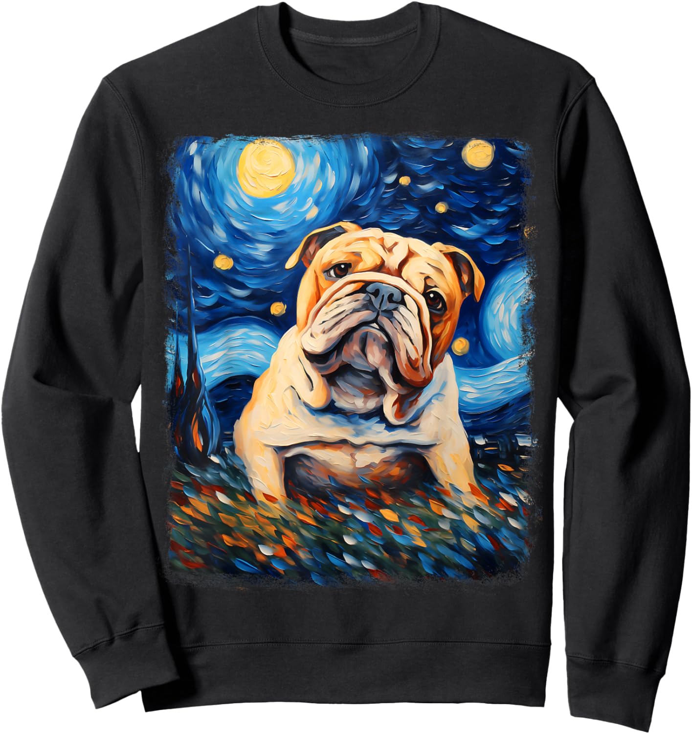 Bulldog Dog Starry Night Painting Sweatshirt - Sweatshirt | Black