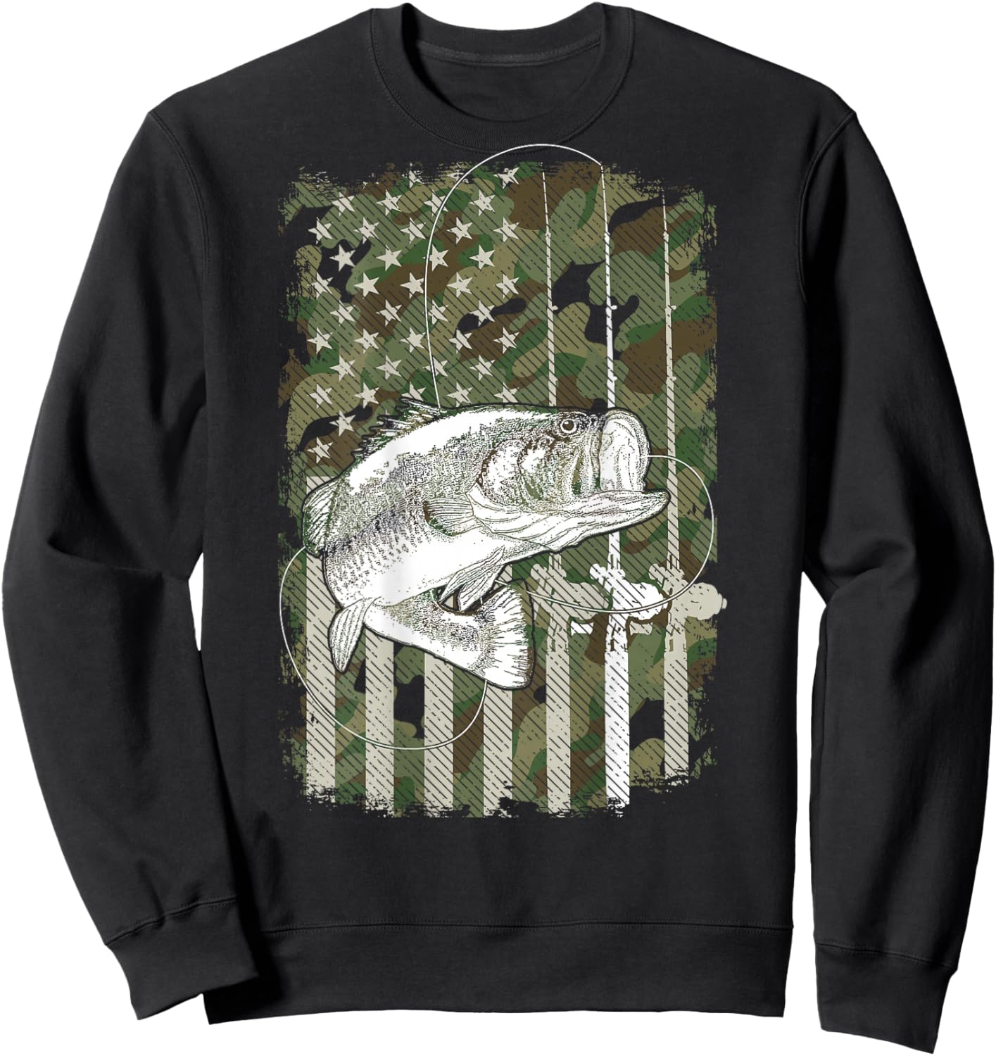 American Flag Camo Bass Fish Fishing (On Back) For Fisherman Sweatshirt - Sweatshirt | Black