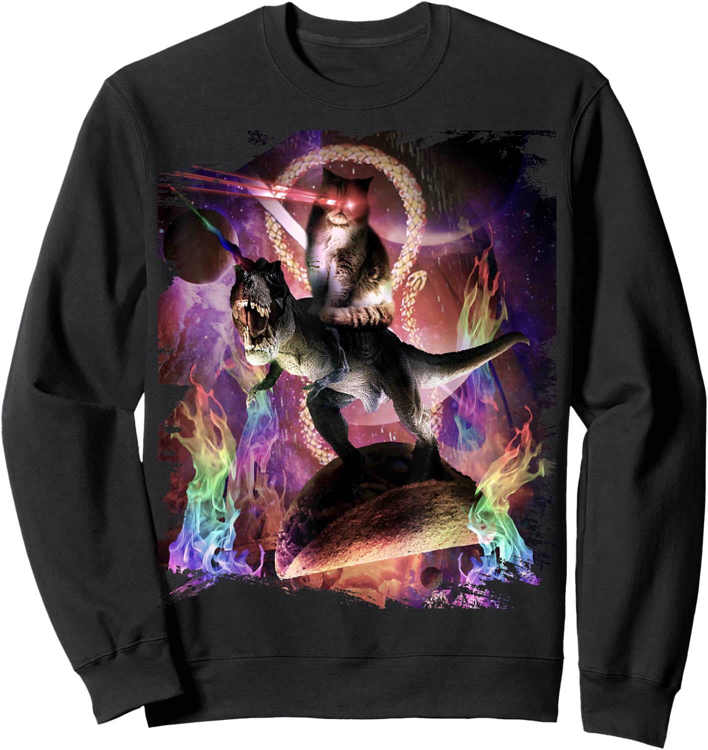 Evil Space Laser Cat On Dinosaur Unicorn On Taco Sweatshirt - Sweatshirt | Black