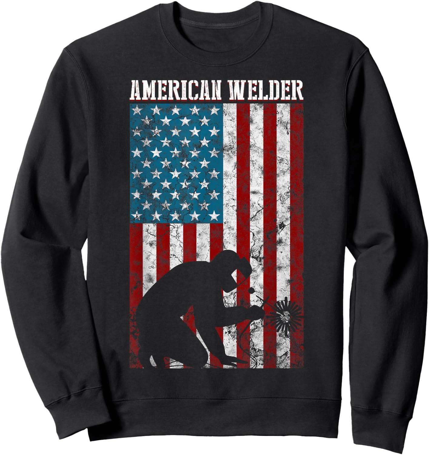 Welding Vintage Distressed American Flag Patriotic Welder Sweatshirt - Sweatshirt | Black