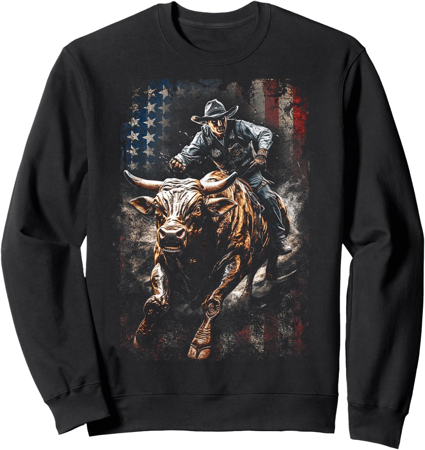 Vintage American Flag Bucking Bull Riding Patriotism Rodeo Kids Men Sweatshirt - Sweatshirt | Black