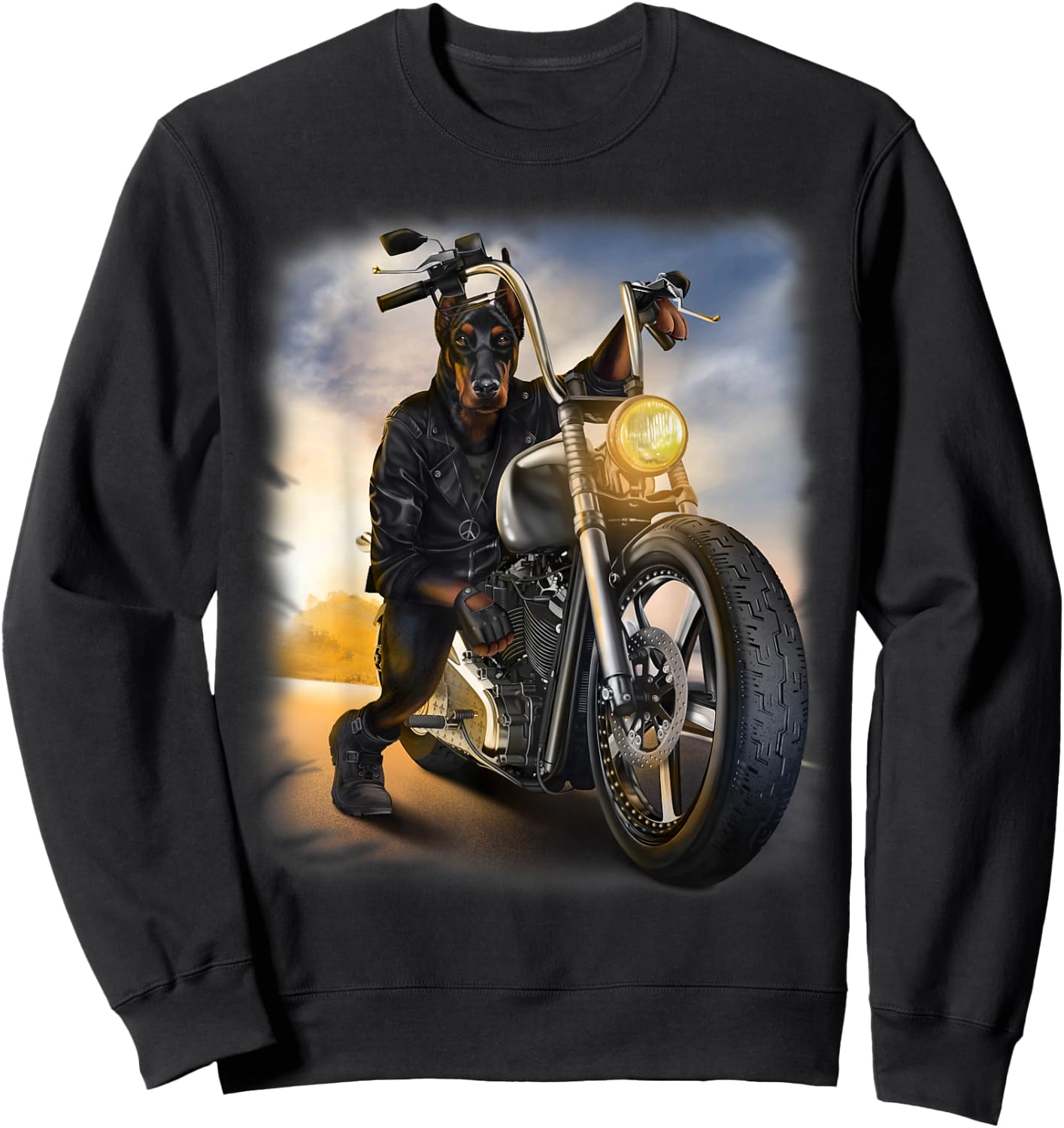 Doberman Dog Biker Riding Motorcycle at Sunset Sweatshirt - Sweatshirt | Black