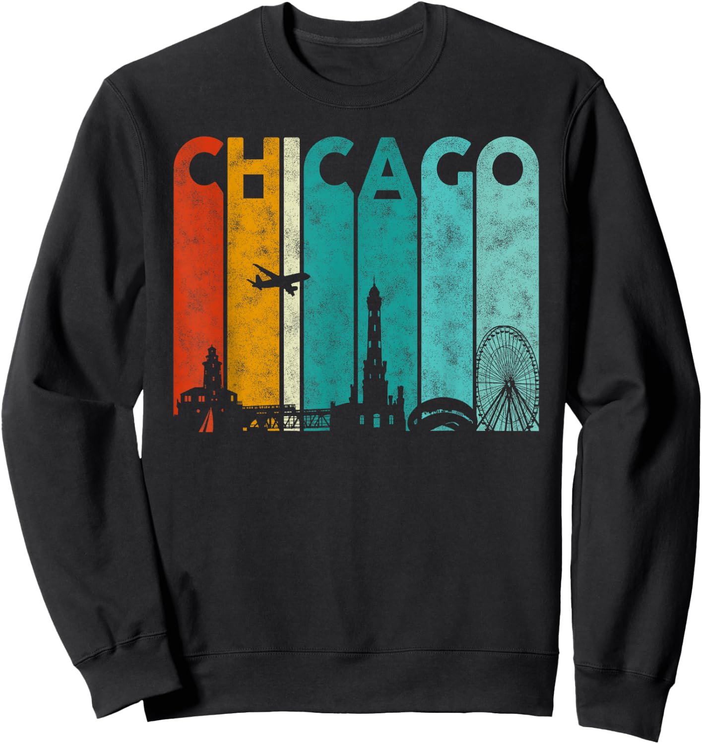 Vintage Retro Style Chicago city Skyline Airplane Chicago Sweatshirt - Sweatshirt | Black