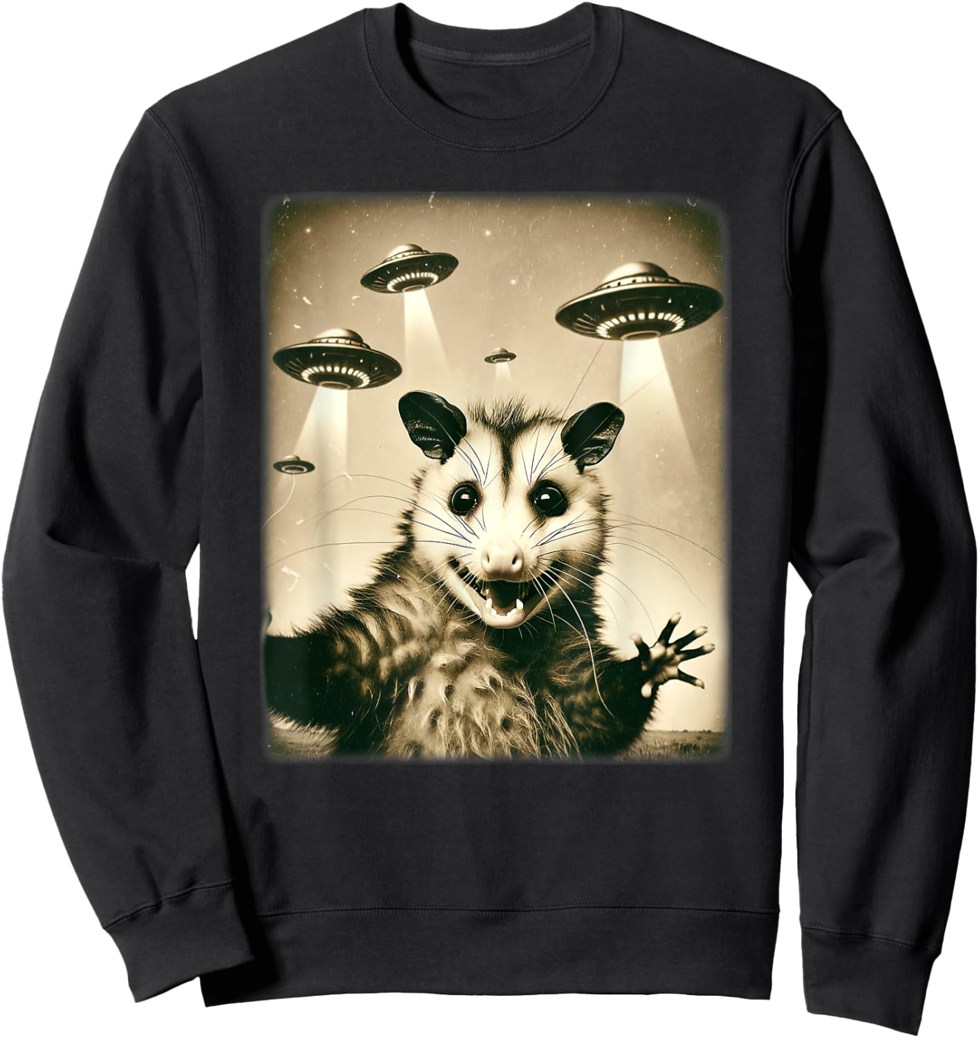 Funny Opossum Selfie With UFO Alien Humor Hilarious Possum Sweatshirt - Sweatshirt | Black