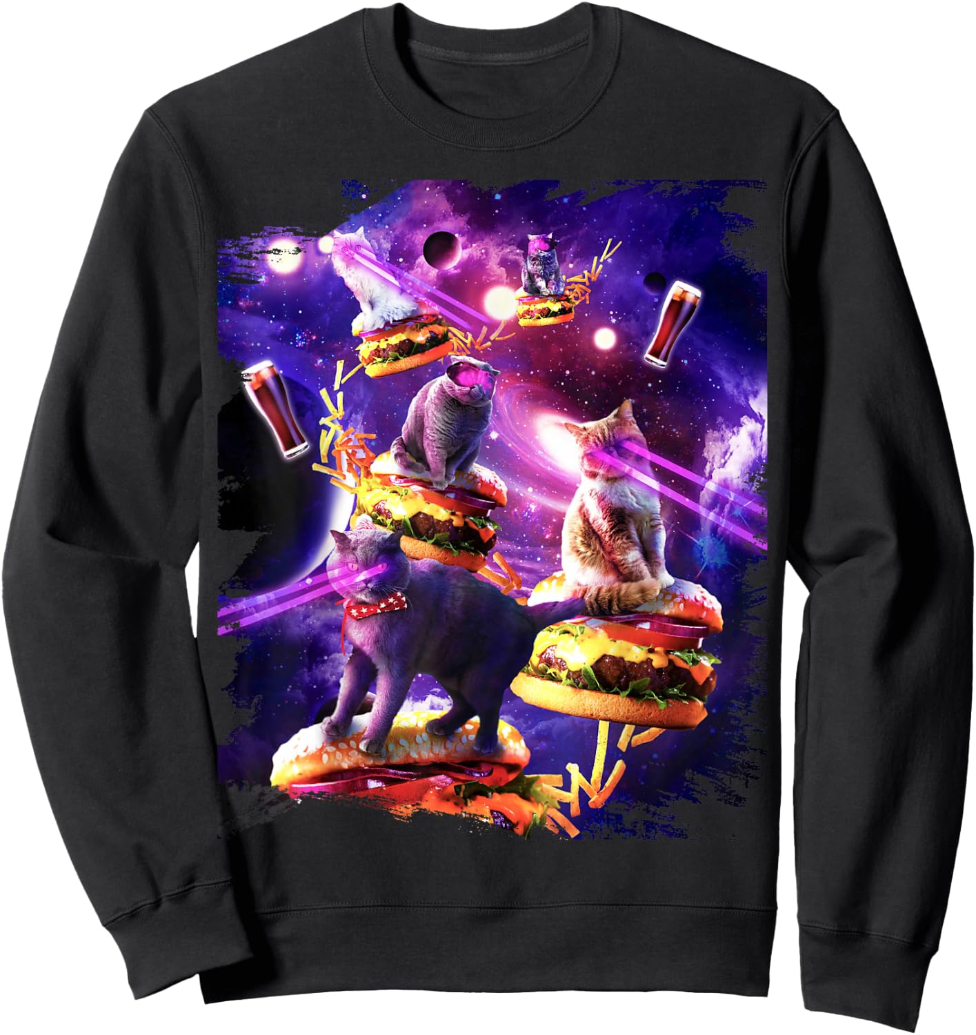 Galaxy Laser Cat On Burger - Space Cheeseburger Cats Sweatshirt - Sweatshirt | Black