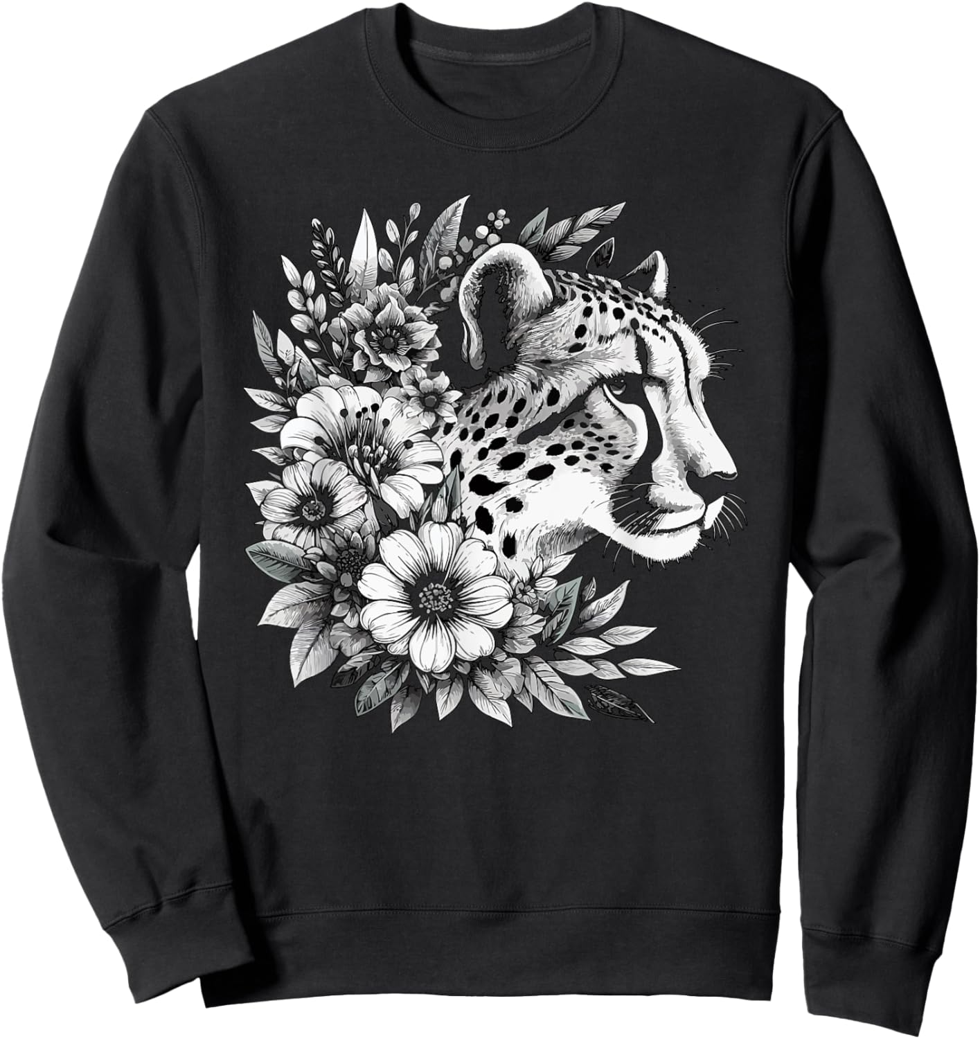 Cheetah Face Animal Print Big Cat Wildlife Flowers Design Women Kids Sweatshirt - Sweatshirt | Black