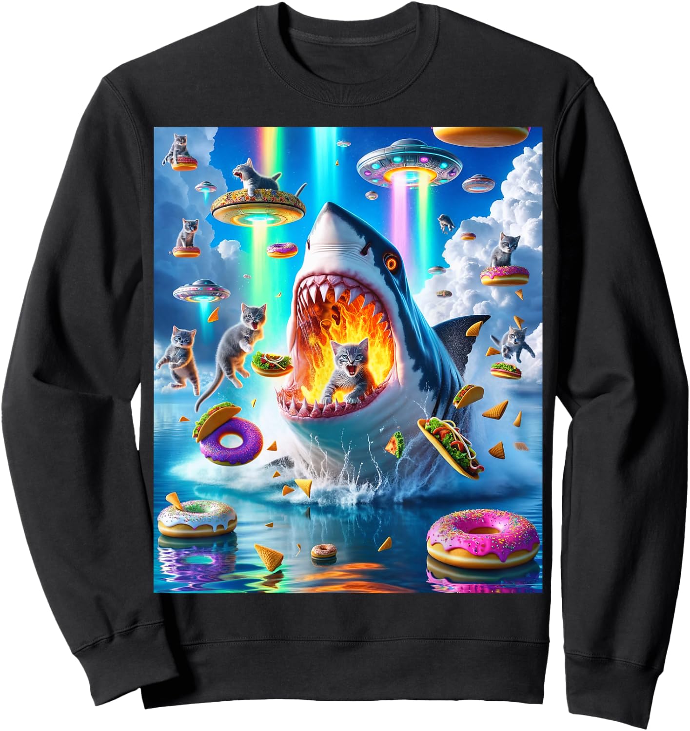 Cat Kitty Riding Fire Breathing Shark Rainbow Laser Taco Women Sweatshirt - Sweatshirt | Black