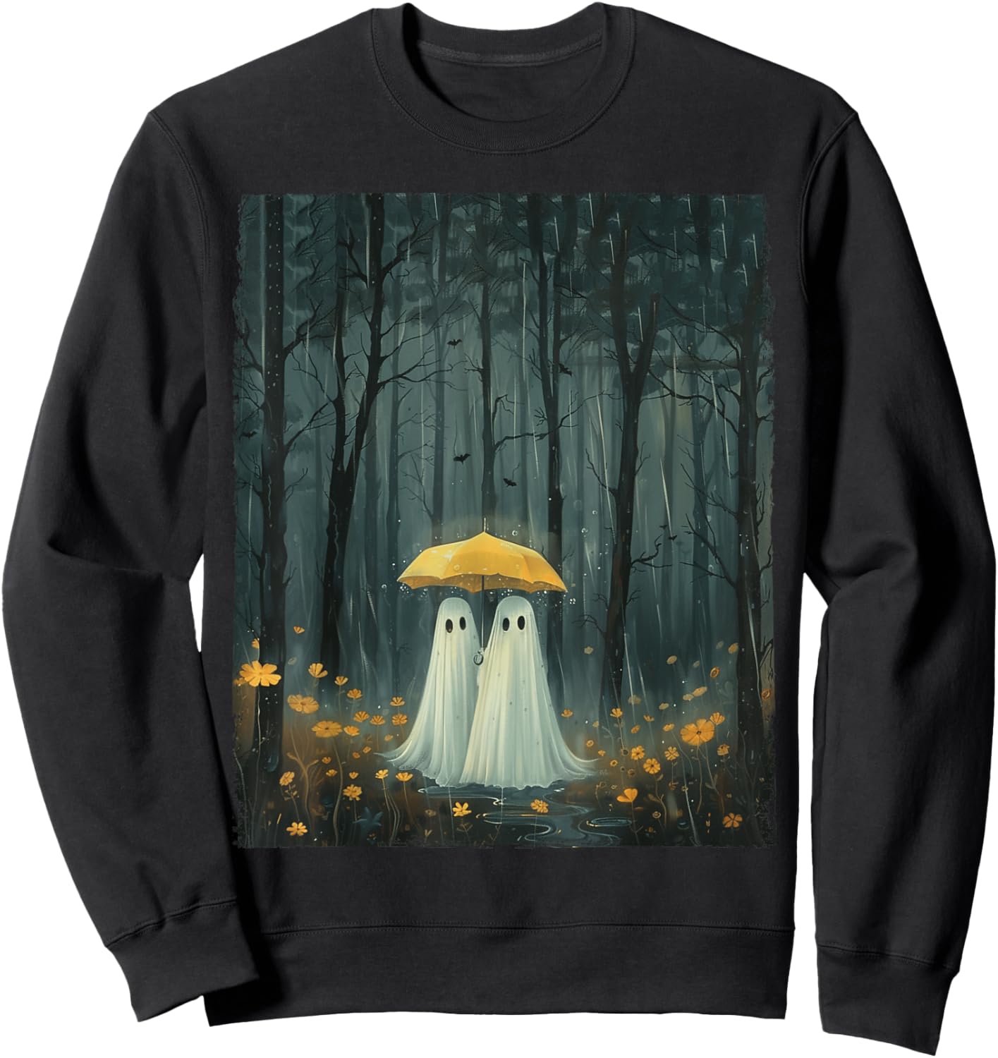Floral Ghost Holds Umbrella Couple Spooky Season Women Men Sweatshirt - Sweatshirt | Black