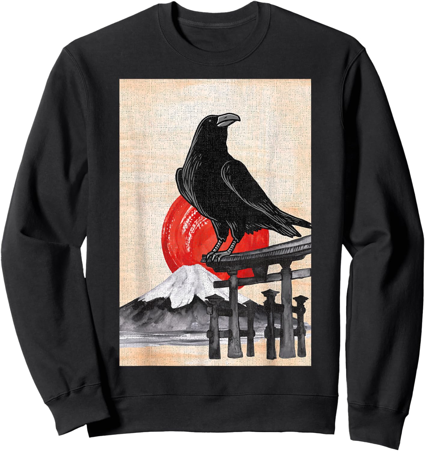 Japanese Style Red Moon Raven Graphic Black Crow Occult Goth Sweatshirt - Sweatshirt | Black