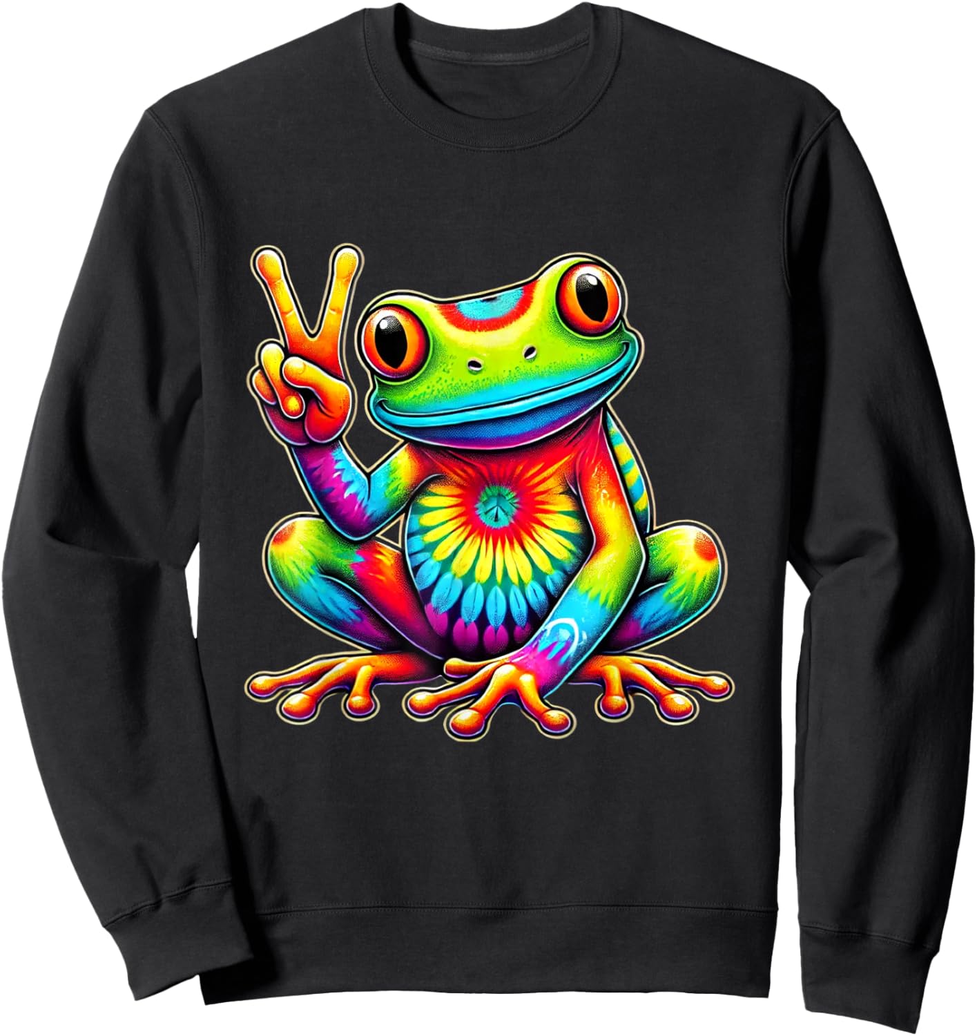 Tie-Dye Frog Holding Peace Sign Funny Hippie Sweatshirt - Sweatshirt | Black