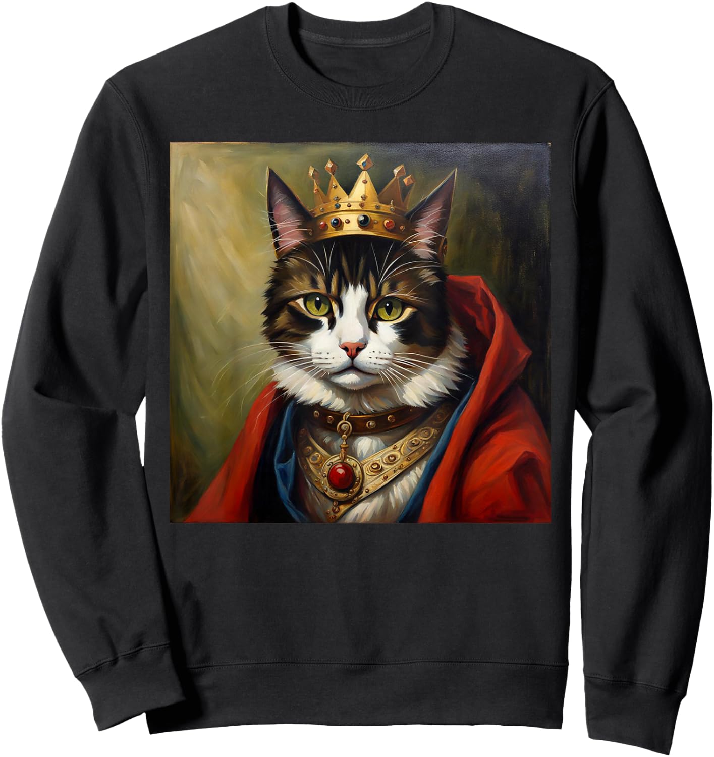 Cat King Funny Cute Animal Medieval Renaissance Oil Painting Sweatshirt - Sweatshirt | Black