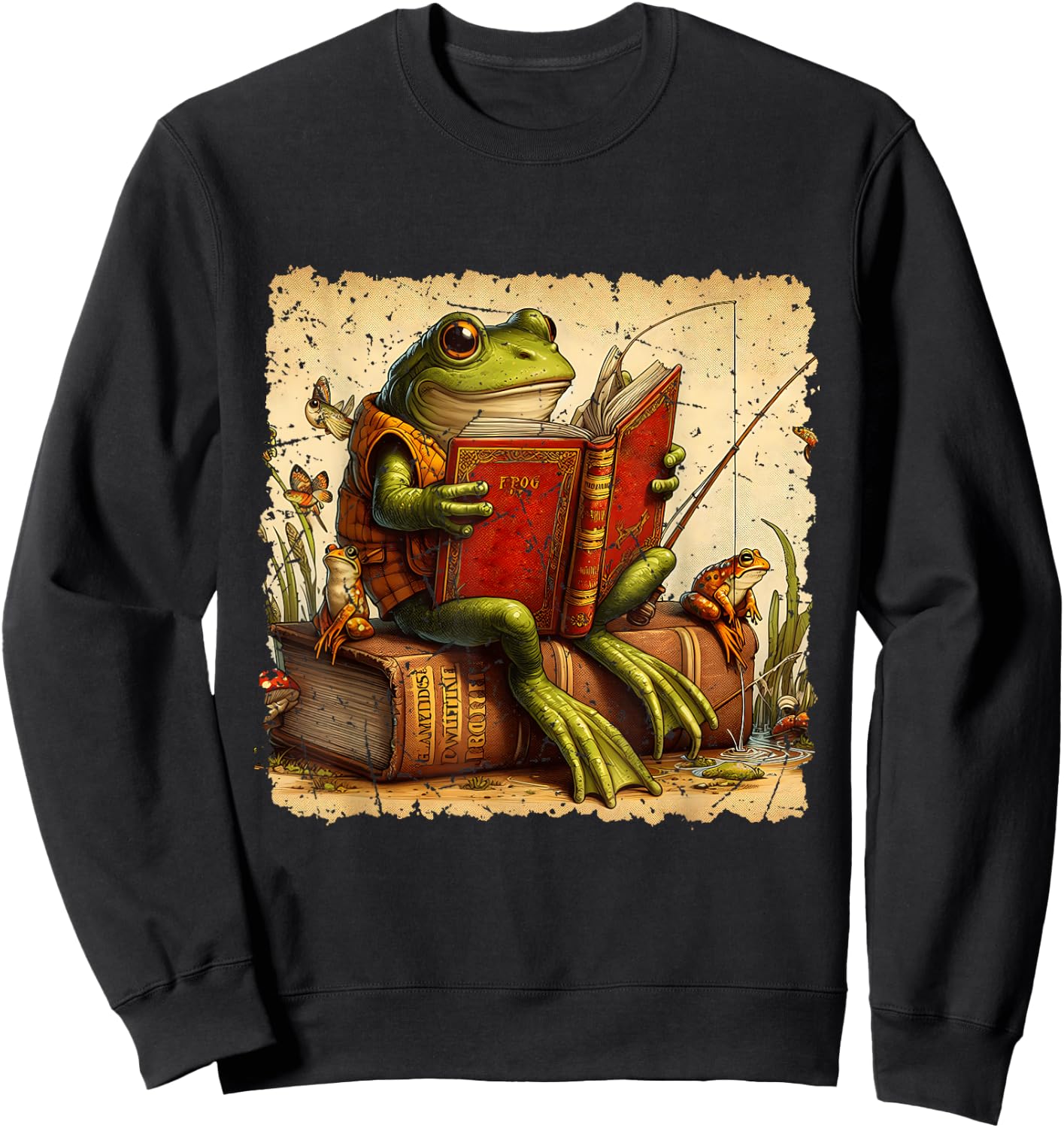 Frog & Toad Fishing Vintage Classic Book Frog Reading Book Sweatshirt - Sweatshirt | Black