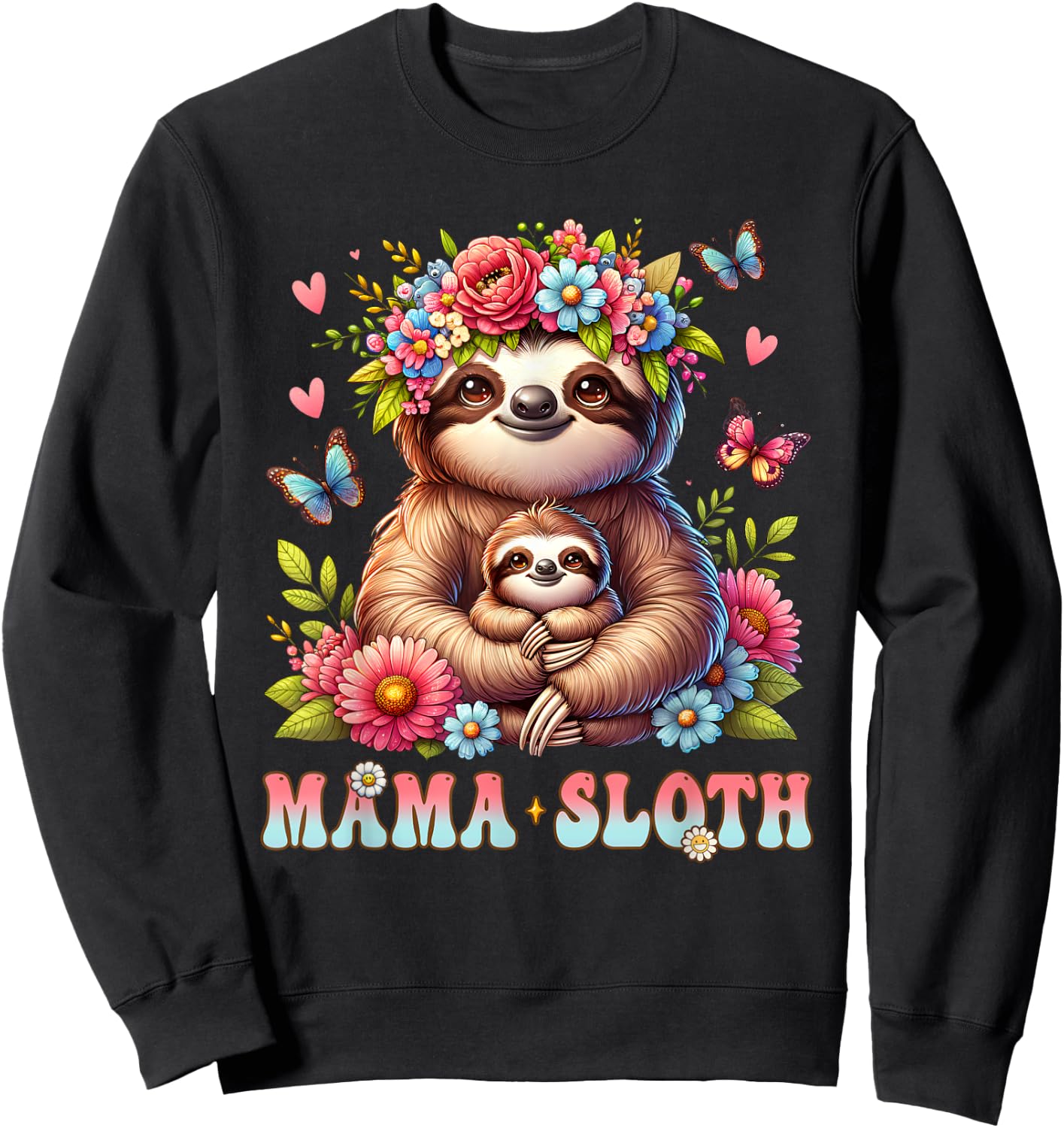 Mama Sloth Mother's Day Matching Floral Mommy Mom Sweatshirt - Sweatshirt | Black