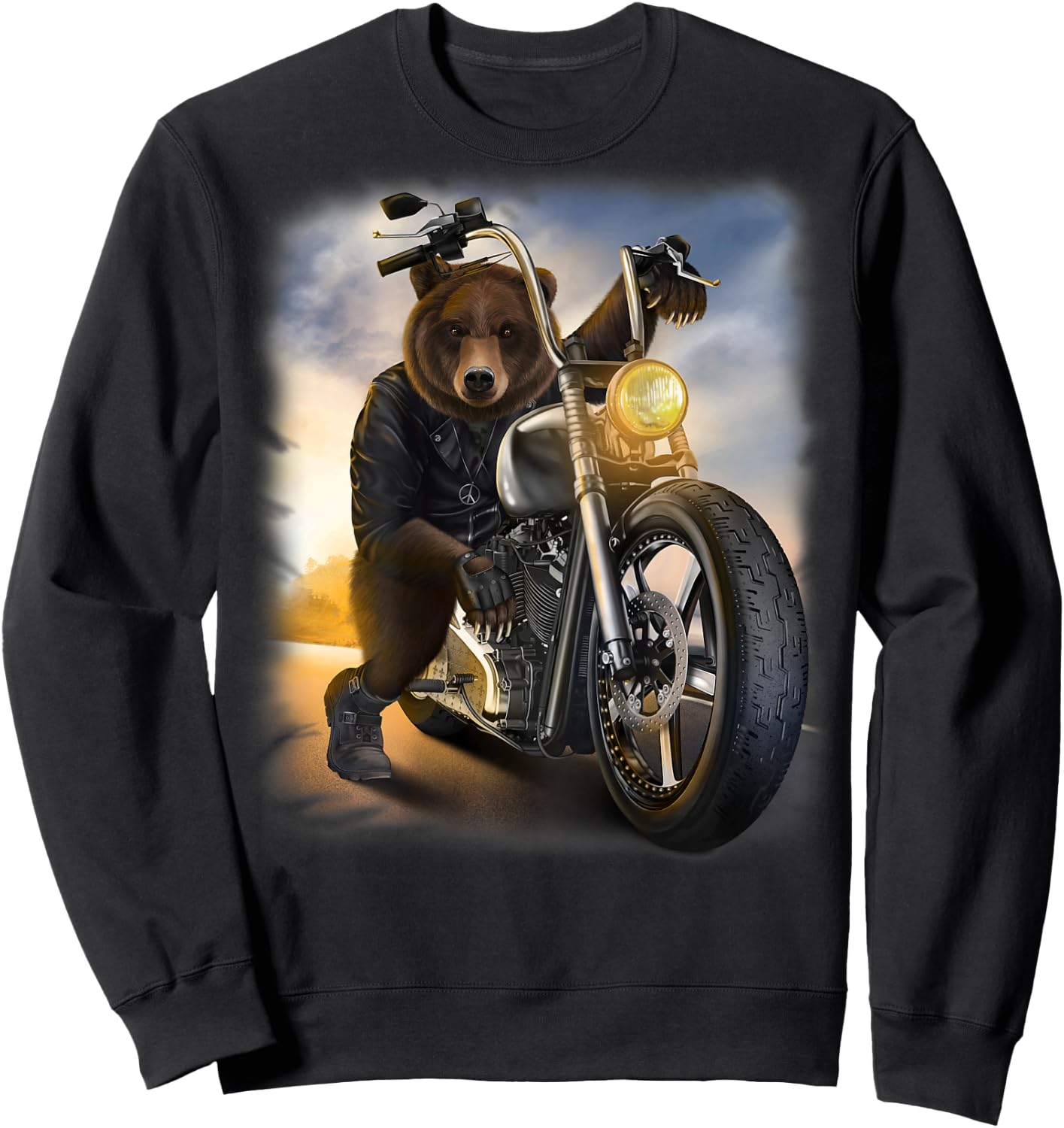 Grizzly Bear Riding Chopper Motorcycle at Sunset Sweatshirt - Sweatshirt | Black