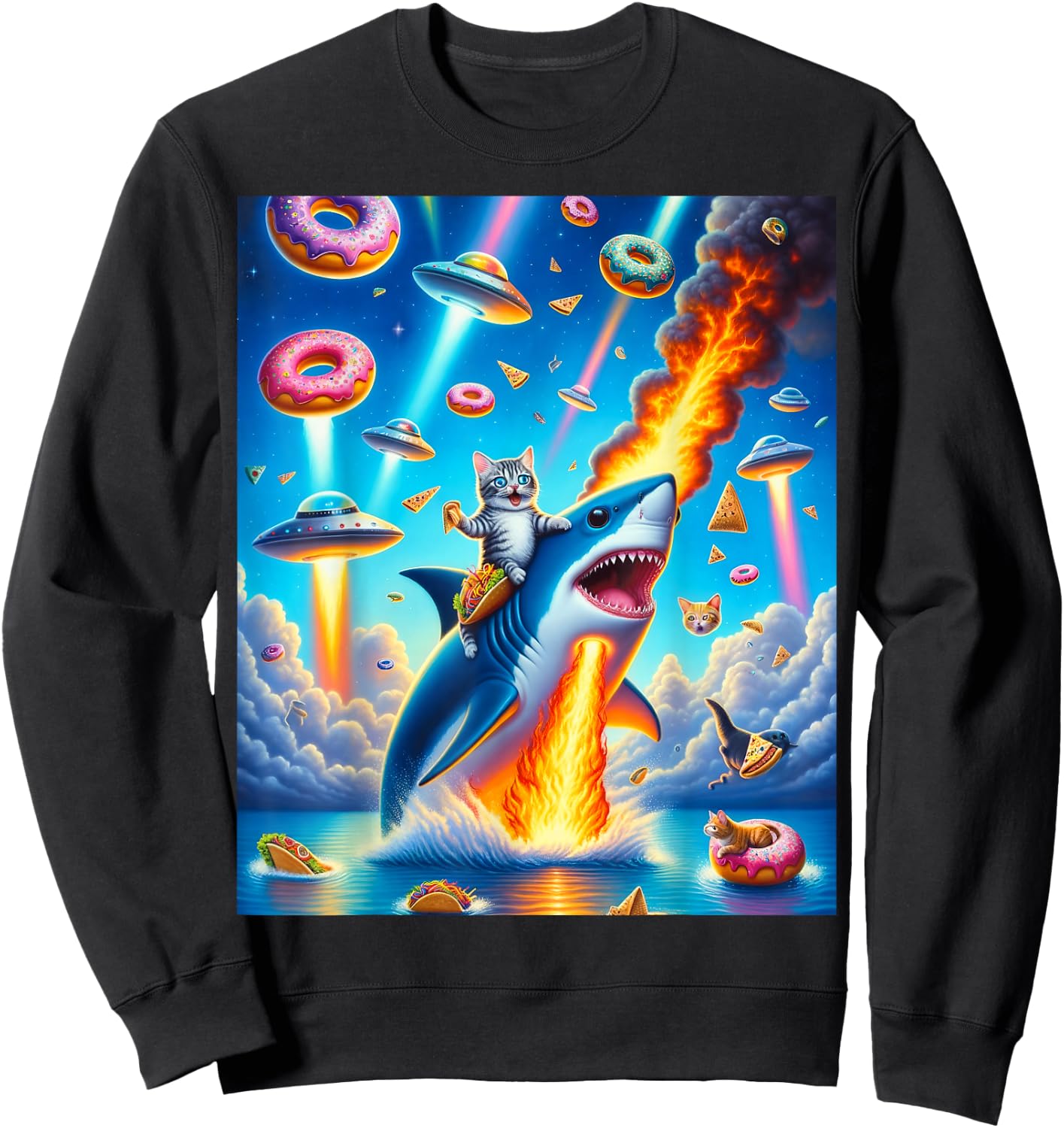 Cat Kitty Riding Fire Breathing Shark Rainbow Laser Taco Sweatshirt - Sweatshirt | Black