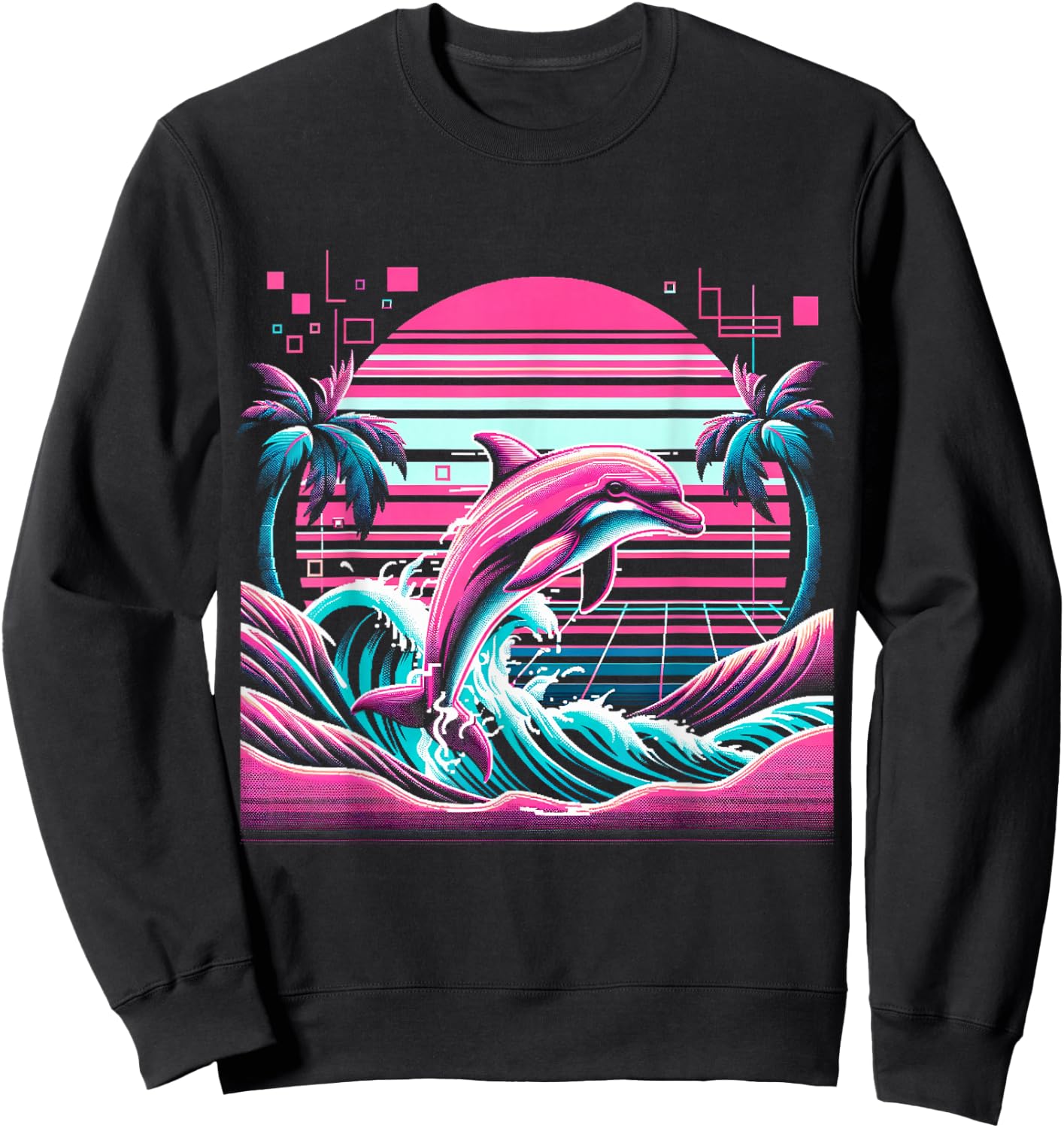 Retro Dolphin Palm Sunset Vaporwave - 80s 90s Glitch Art Sweatshirt - Sweatshirt | Black