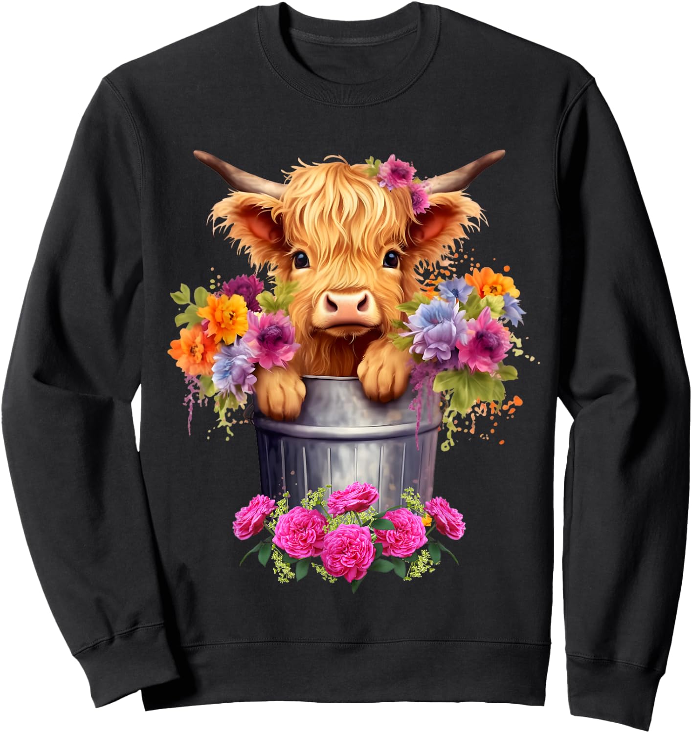 Cute Baby Highland Cow With flowers Calf Animal cow women Sweatshirt - Sweatshirt | Black