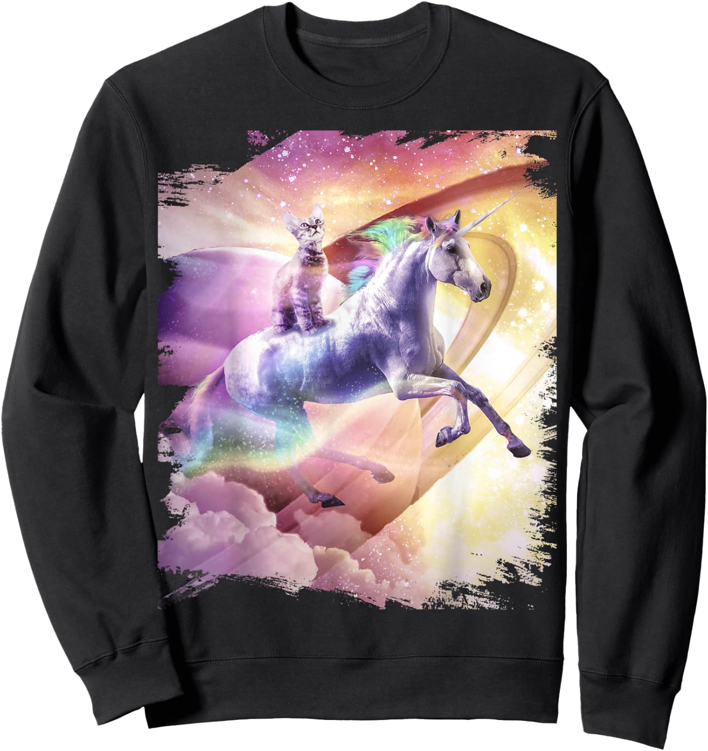 Rainbow Galaxy Cat Riding Unicorn in Space Women Girls Kids Sweatshirt - Sweatshirt | Black