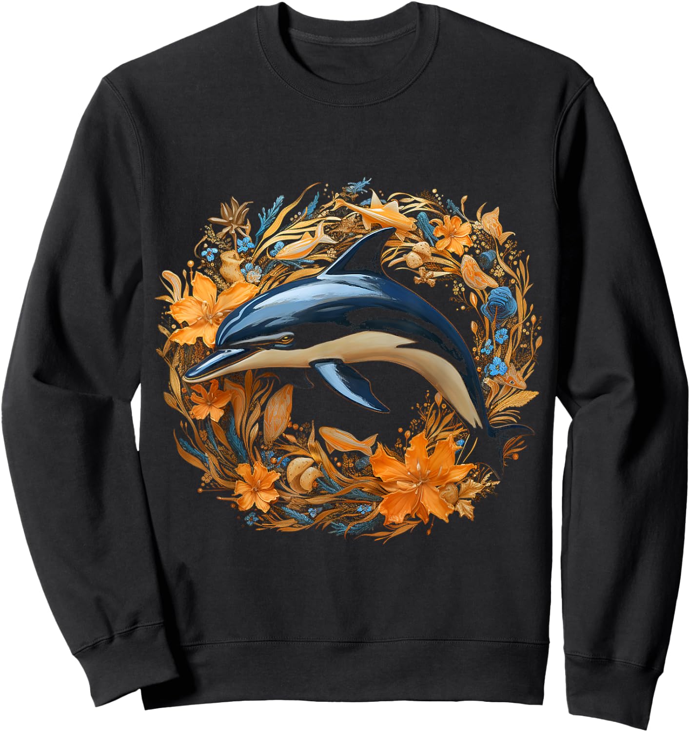 Dolphin Flowers Art Animal Sculpture Graphic Dolphin Sweatshirt - Sweatshirt | Black