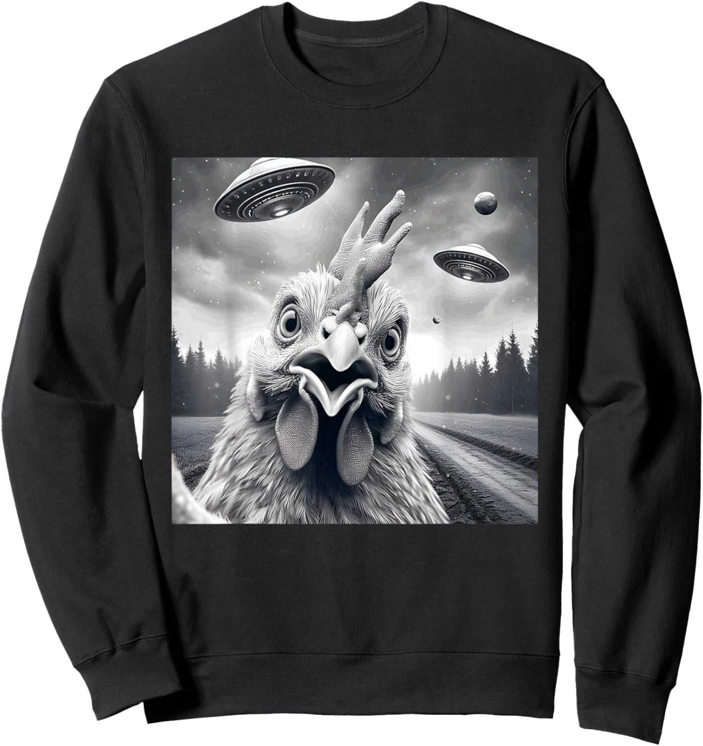 Chicken Rooster Funny Graphic Selfie with UFOs Weird Aliens Sweatshirt - Sweatshirt | Black