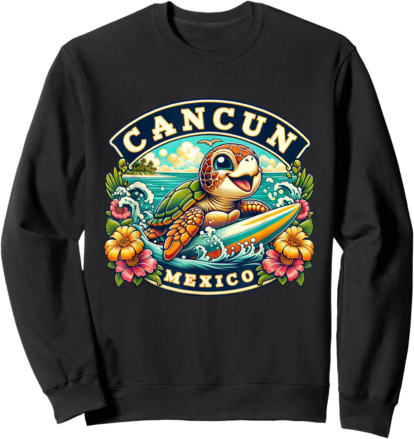 Cancun Mexico Cute Sea Turtle Surfing Sweatshirt - Sweatshirt | Black