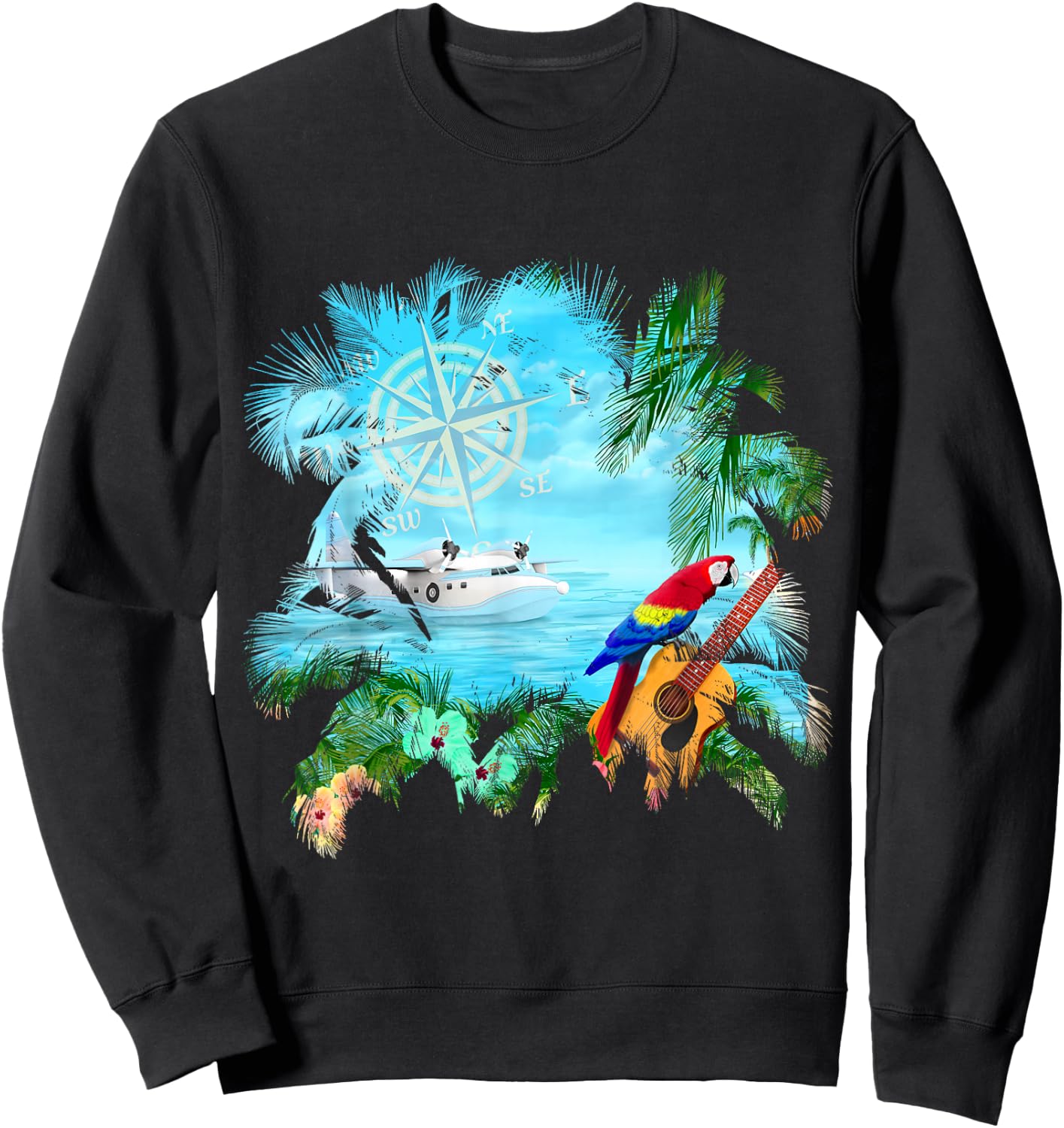 Beachside Dream Seaplane, Parrot, and Guitar Sweatshirt - Sweatshirt | Black