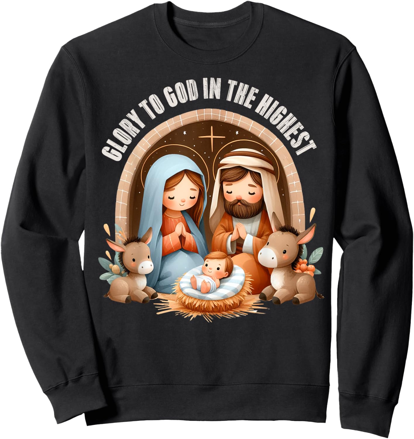 Nativity Scene Glory to God in the Highest Boho Christmas Sweatshirt - Sweatshirt | Black