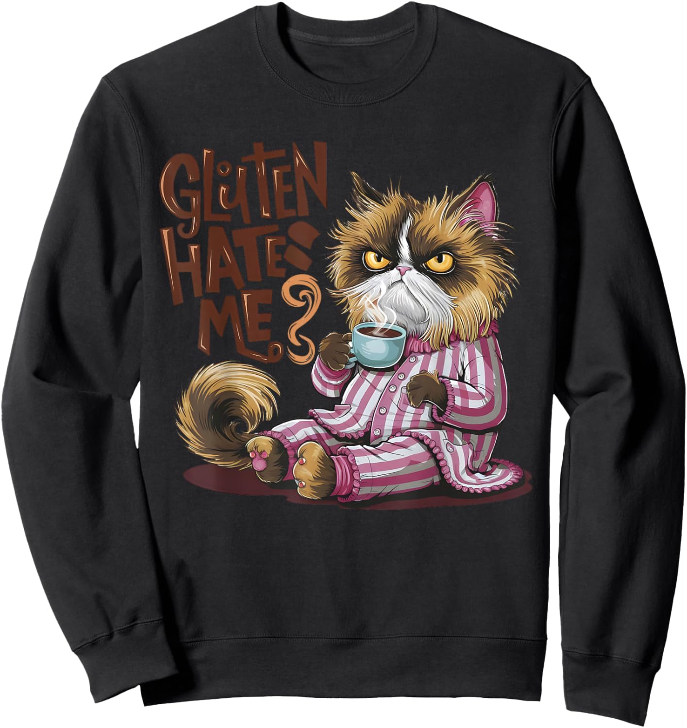 Gluten Hates Me Cat Drinking Coffee Sweatshirt - Sweatshirt | Black