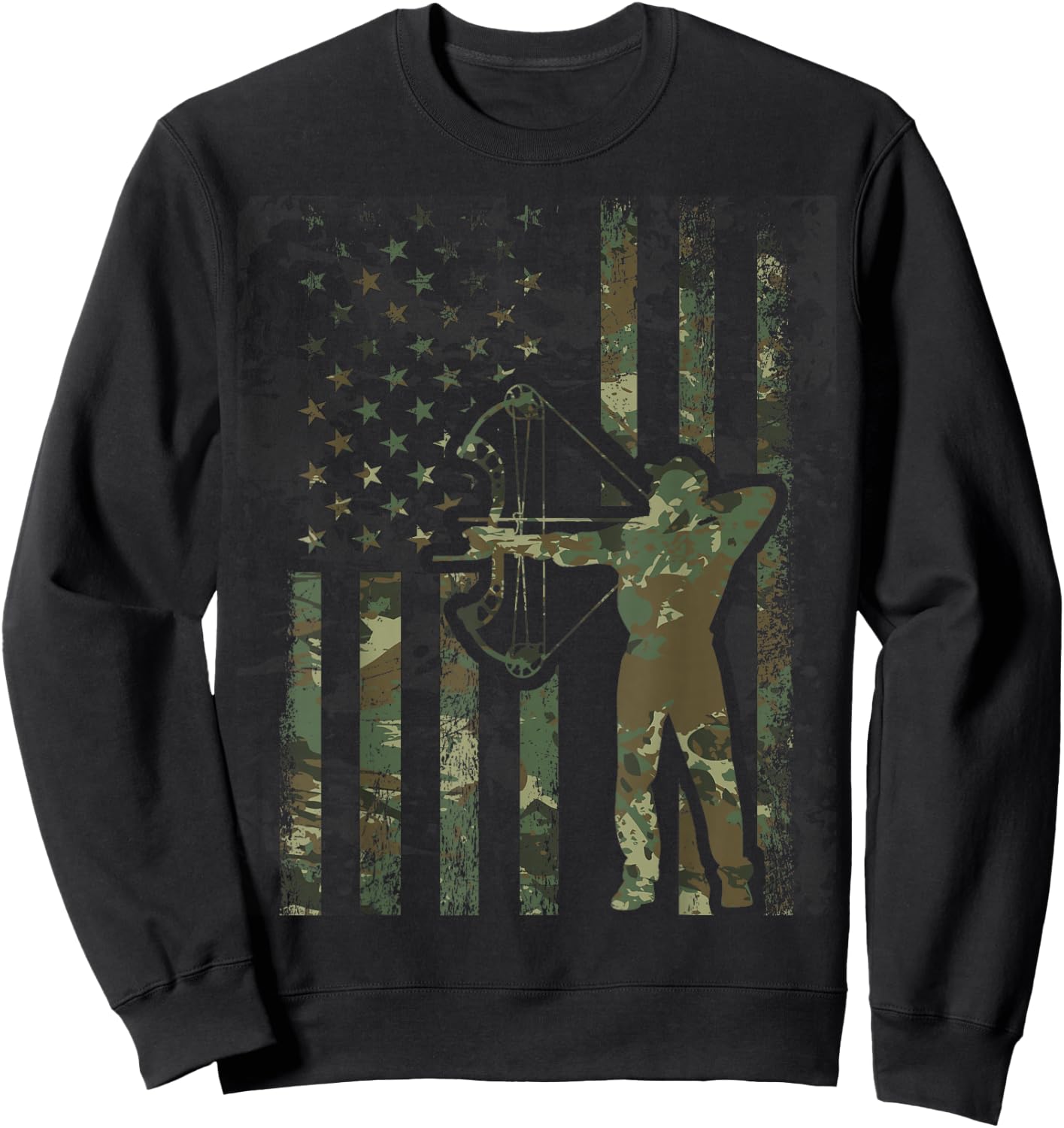 Camo American Flag Buck Hunting Gift Bow Hunter Women Men Sweatshirt - Sweatshirt | Black