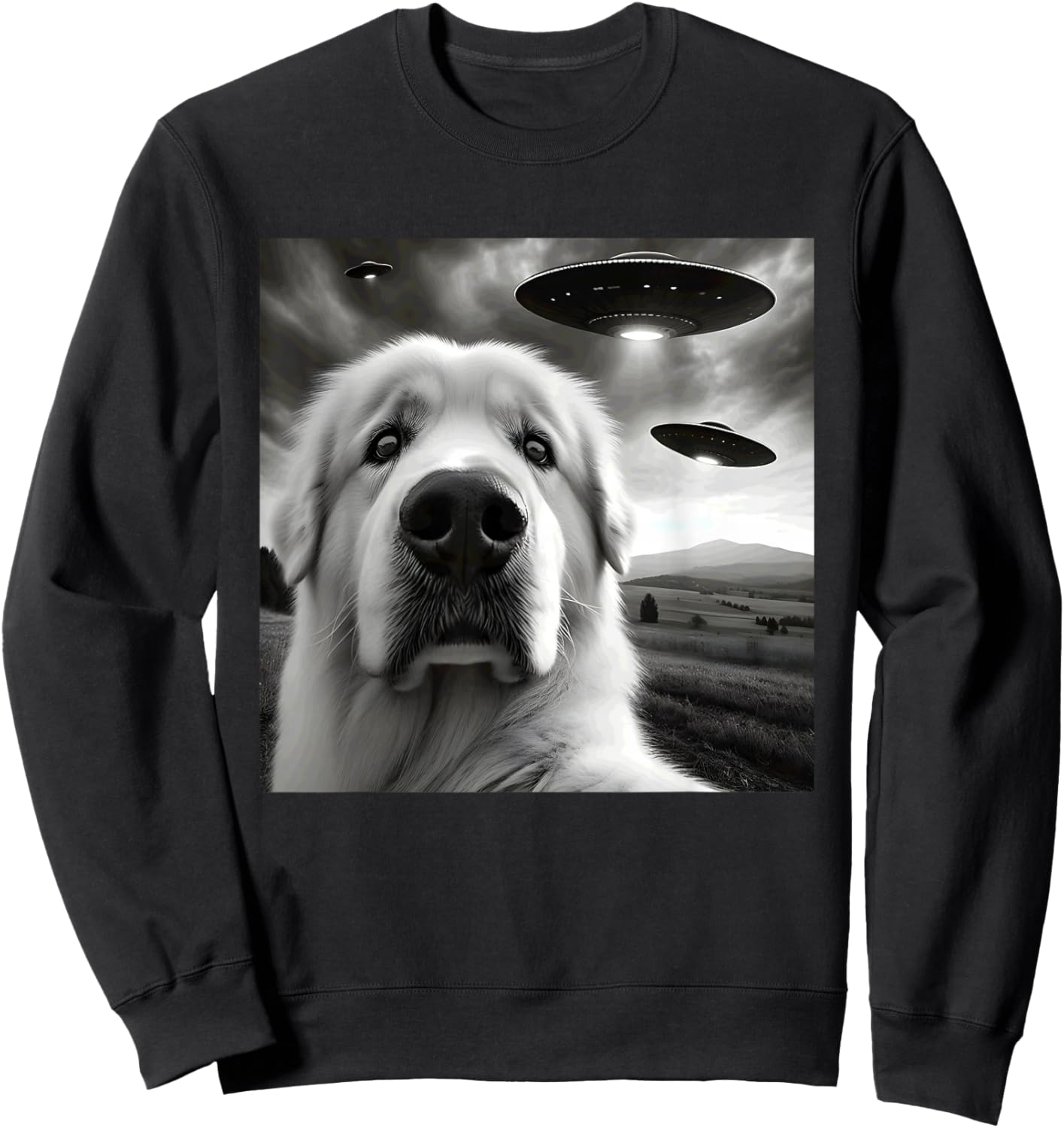 Great Pyrenees Funny Graphic Selfie with UFOs Weird Aliens Sweatshirt - Sweatshirt | Black