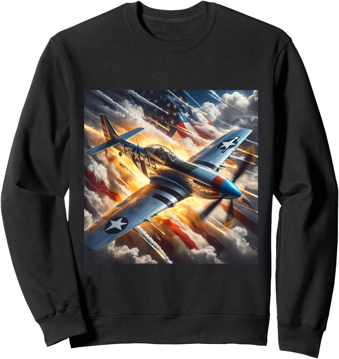 WWII Warbirds | P-51 Mustang in Dynamic Sky US Flag Sweatshirt - Sweatshirt | Black