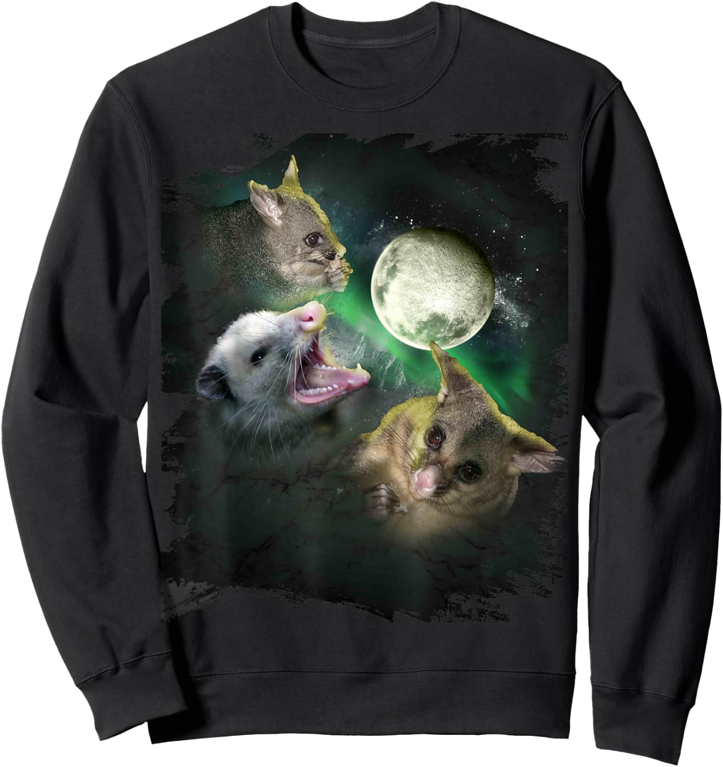 3 Three Possum Opossum Moon, Wolf Howling Sweatshirt - Sweatshirt | Black